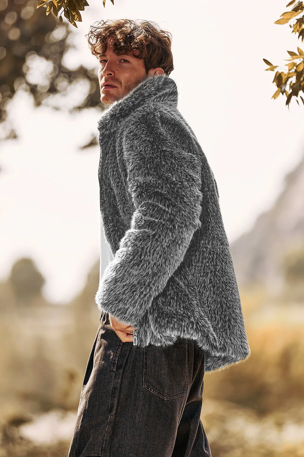 Dark Gray Winter Men's Lapel Faux Fur Short Coat