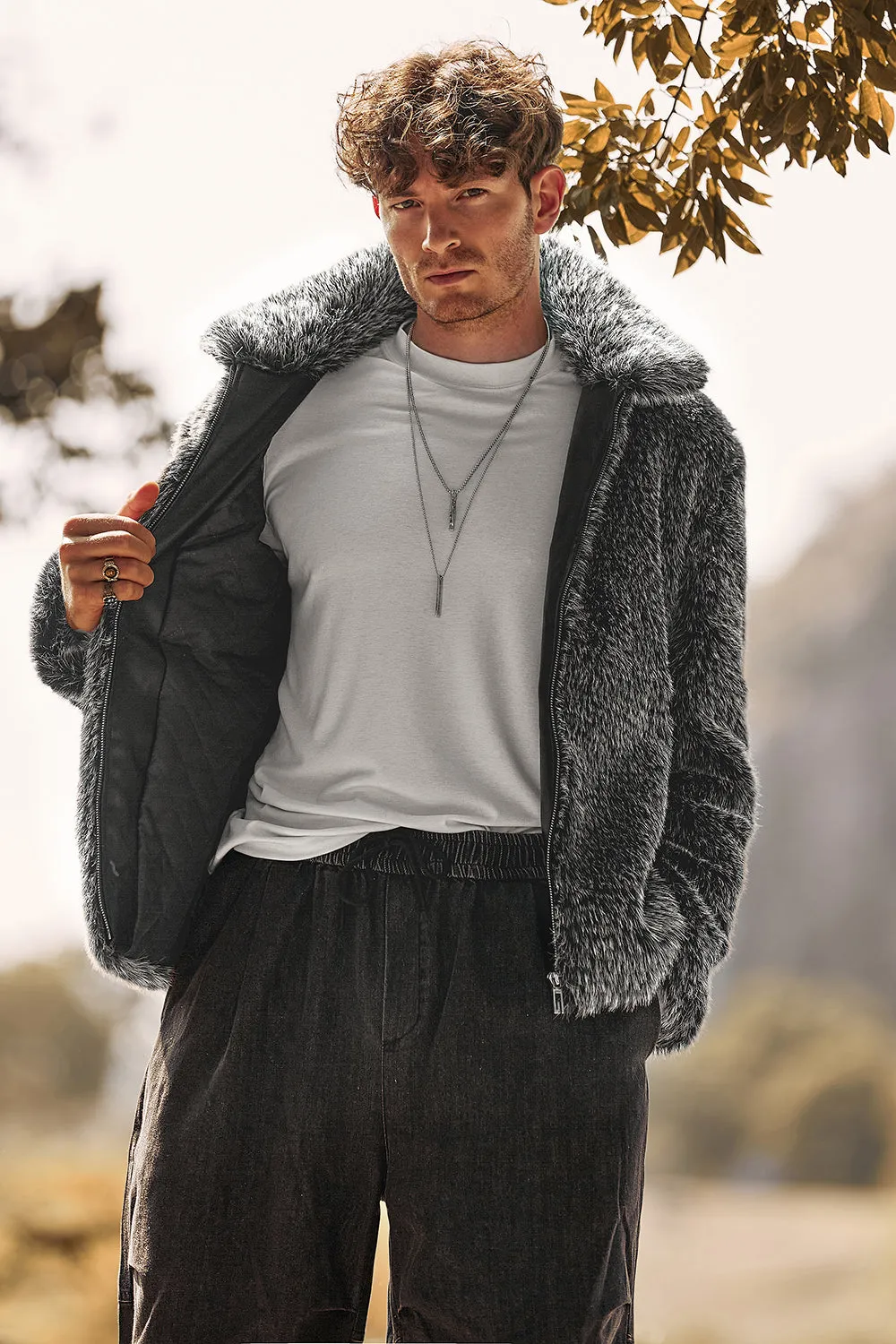 Dark Gray Winter Men's Lapel Faux Fur Short Coat