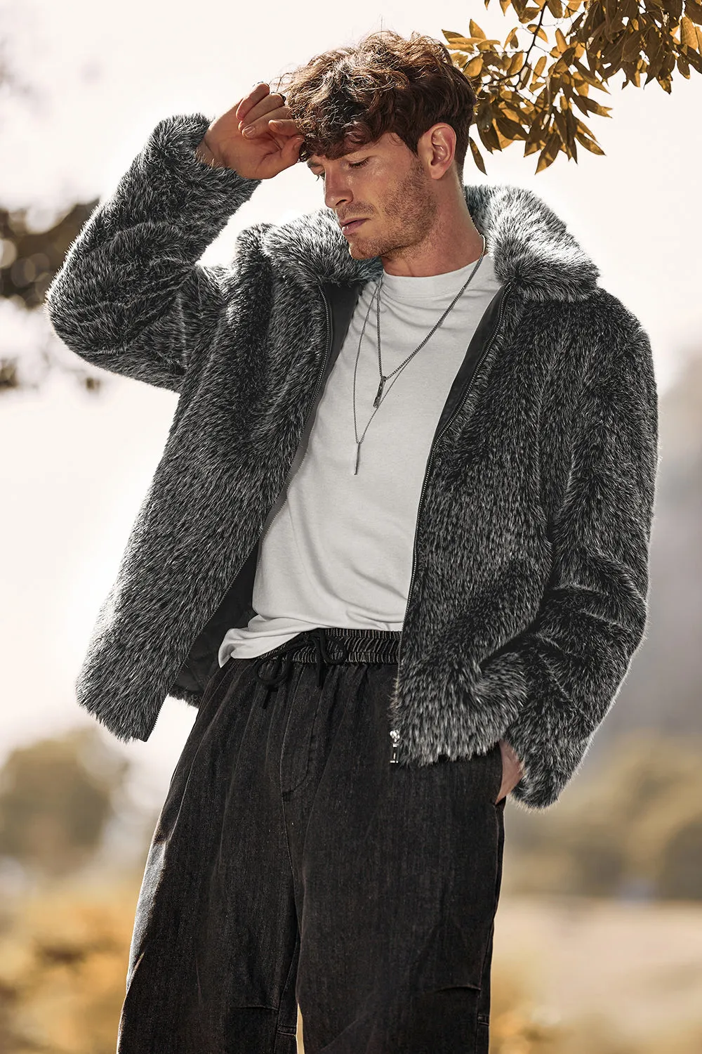 Dark Gray Winter Men's Lapel Faux Fur Short Coat