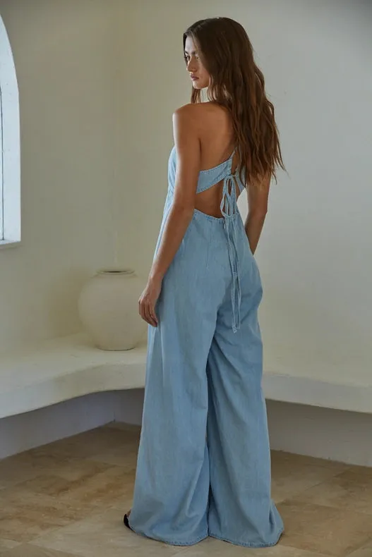 Denim Cotton Plunged V-Neck Wide Leg Jumpsuit Light Blue