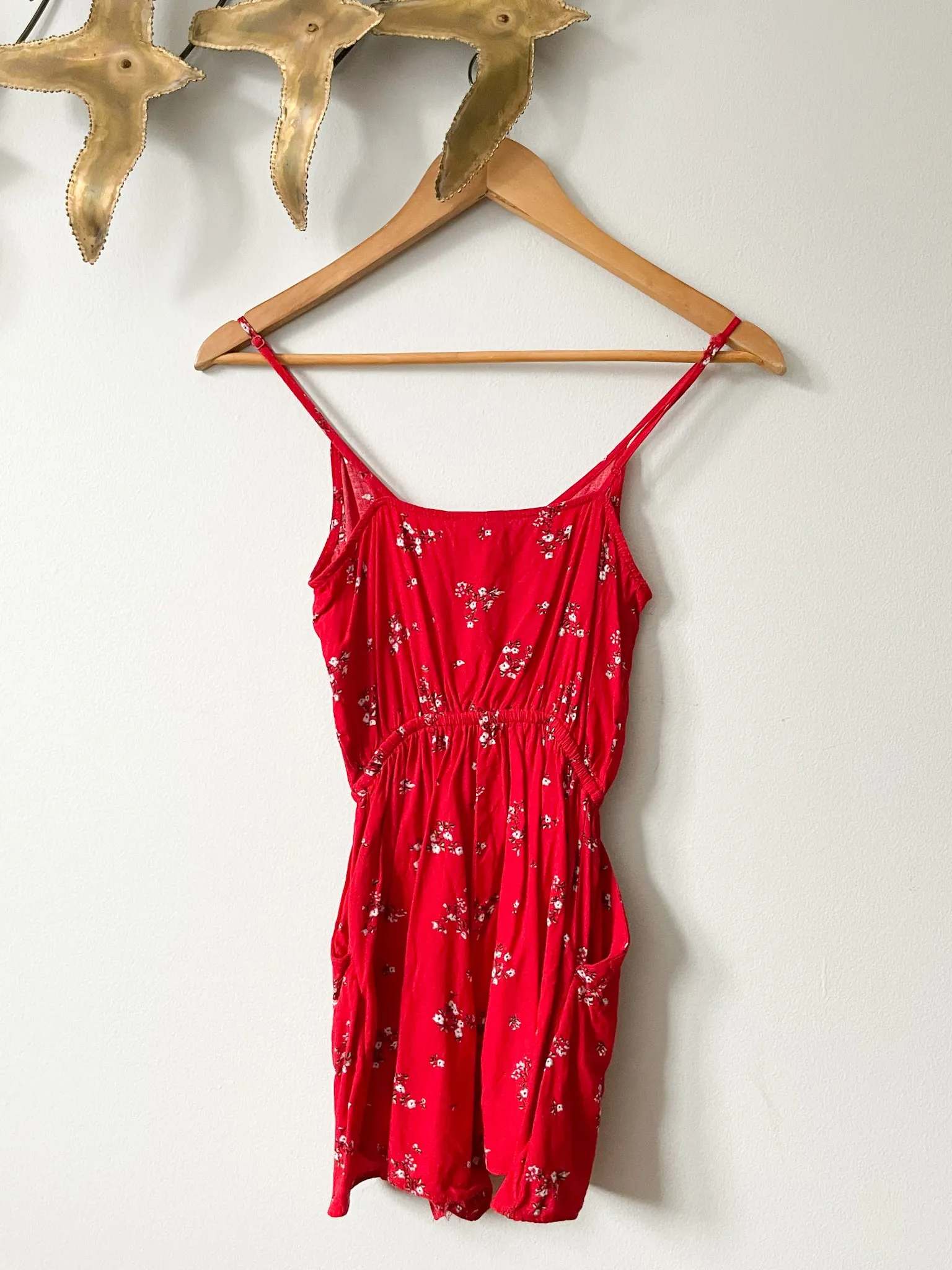 Divided Red Floral Romper With Pockets - Size 0