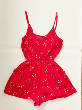 Divided Red Floral Romper With Pockets - Size 0