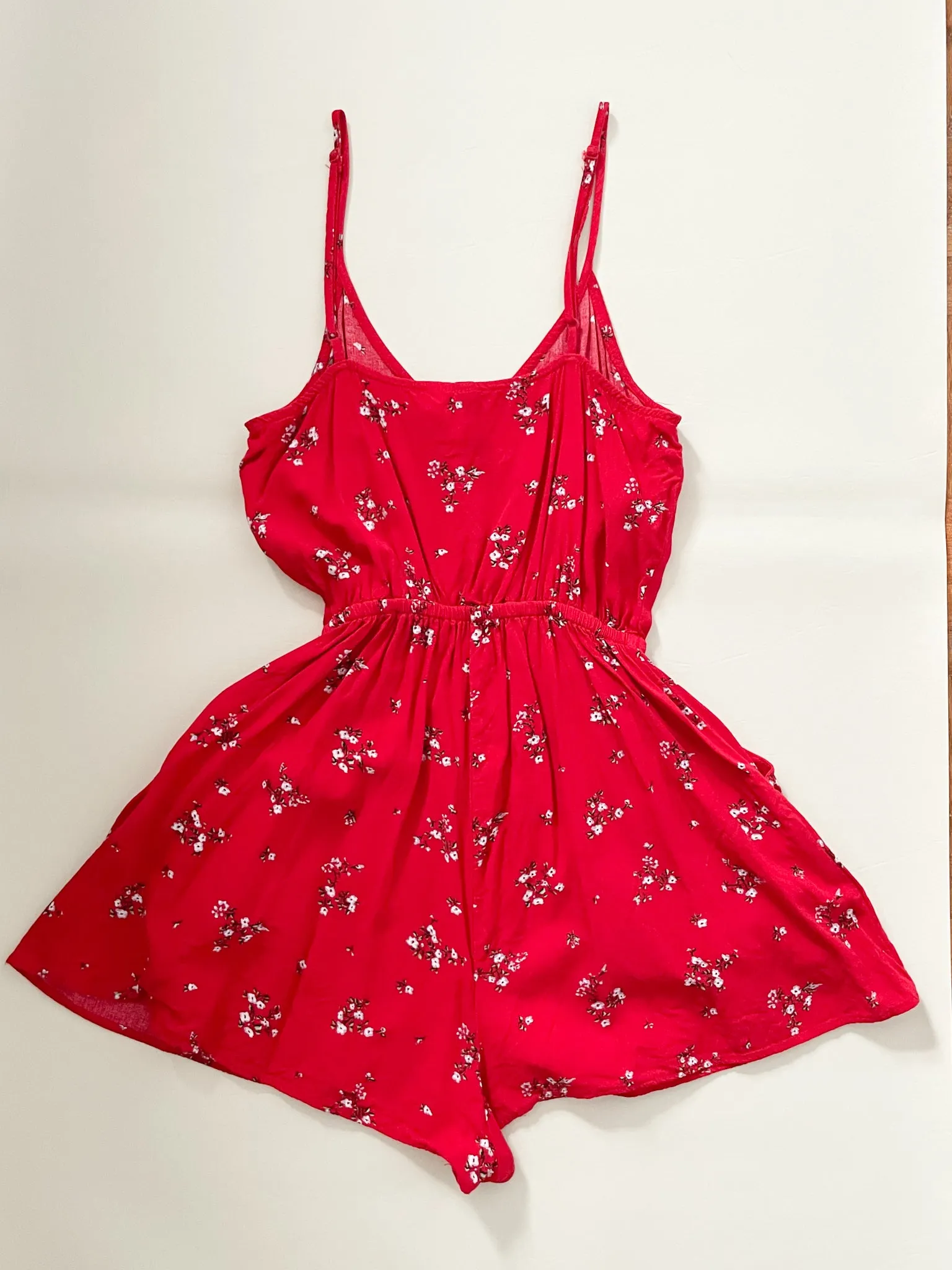 Divided Red Floral Romper With Pockets - Size 0