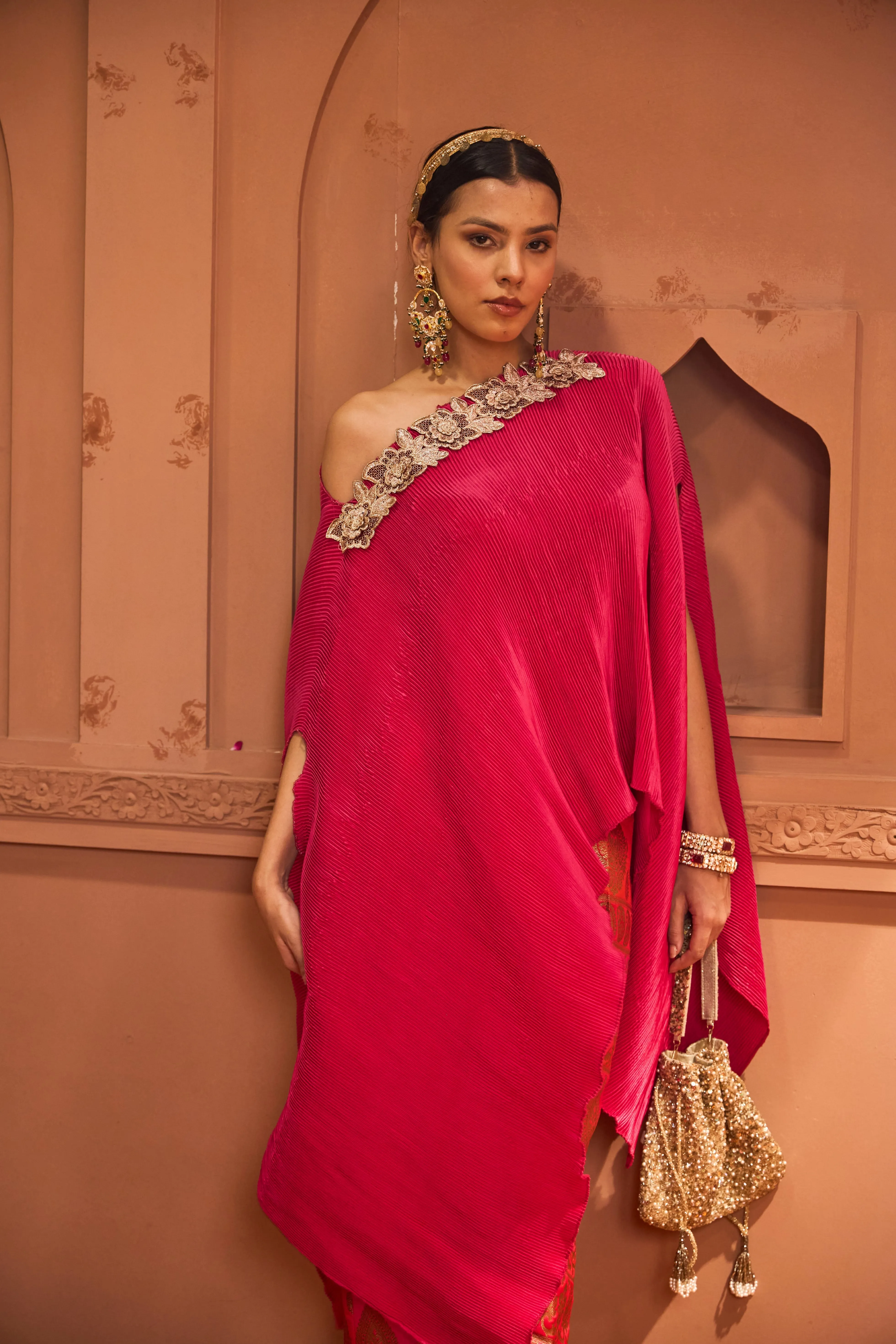 Divine Embroidered Cape Set With Banarasi Flared Pant - Fuschia