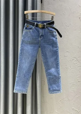 DIY Denim Blue High Waist Sashes Crop Pants Summer TY1070