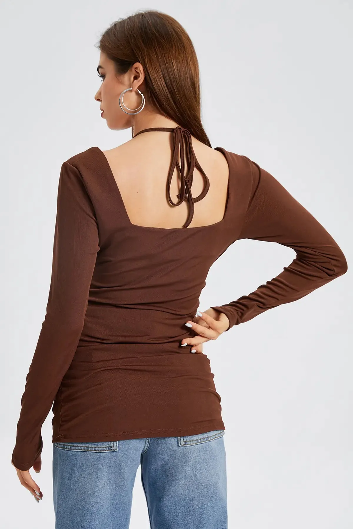 Drawstring Ruched Cut Out Tie Back Top