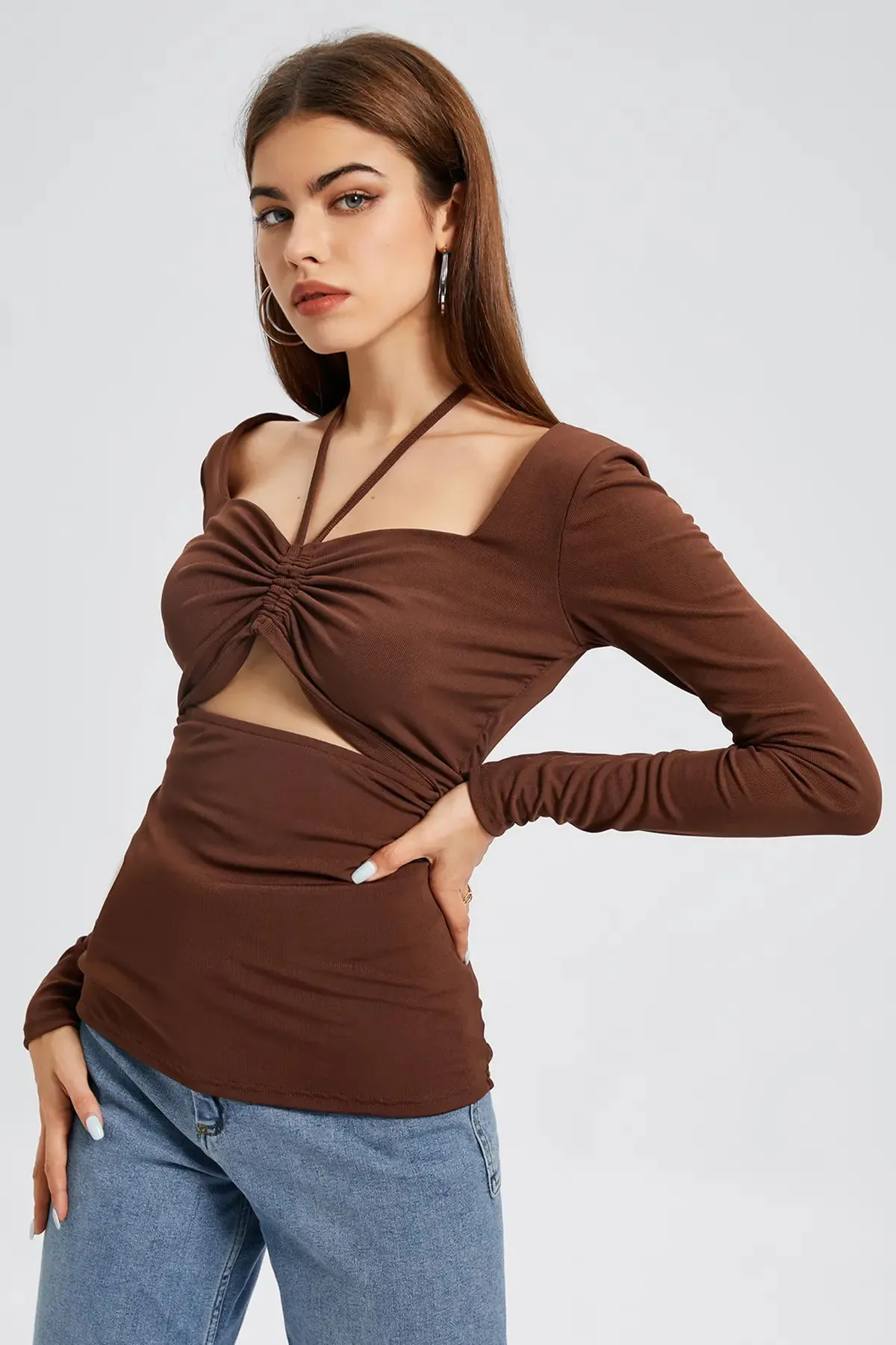 Drawstring Ruched Cut Out Tie Back Top