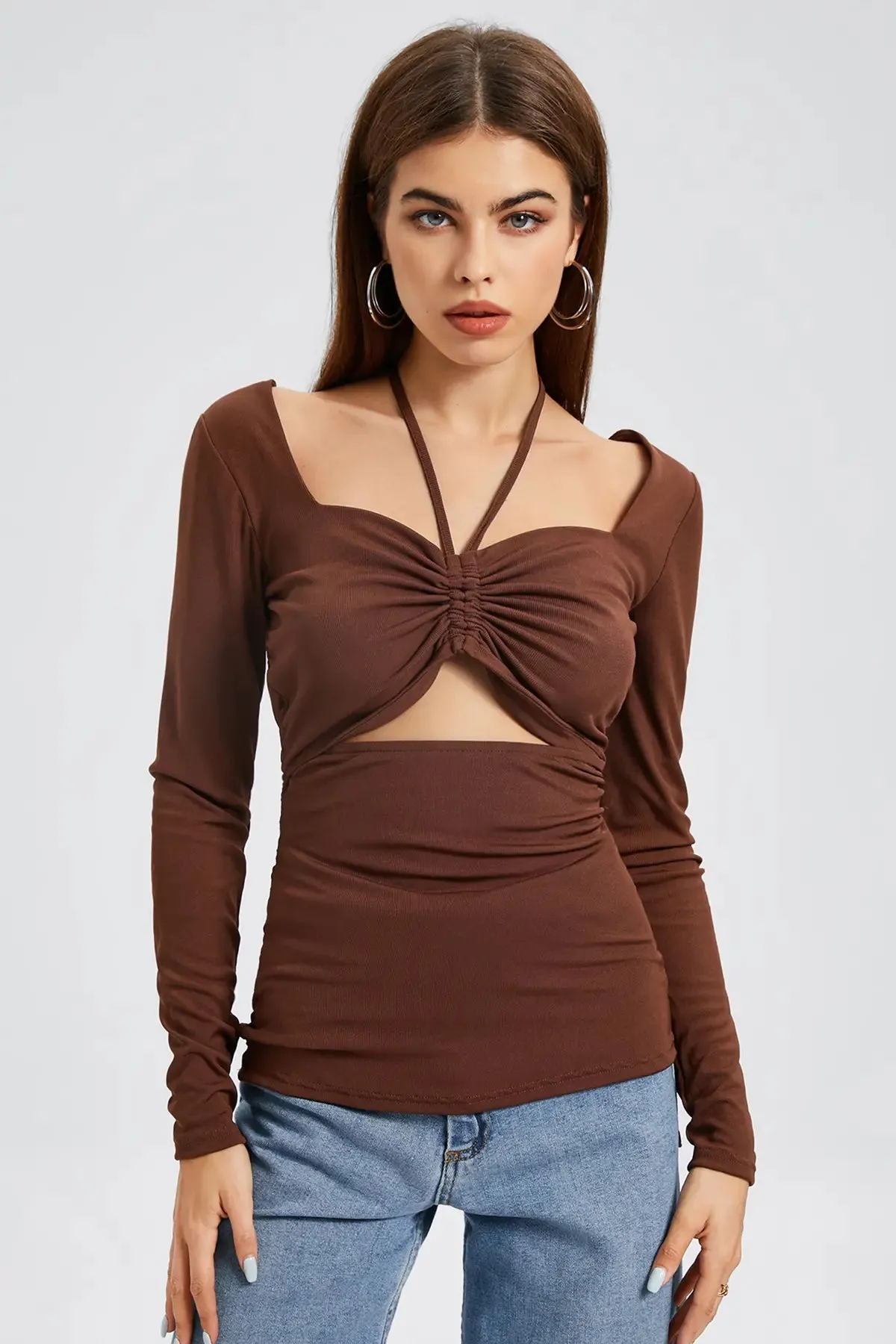 Drawstring Ruched Cut Out Tie Back Top