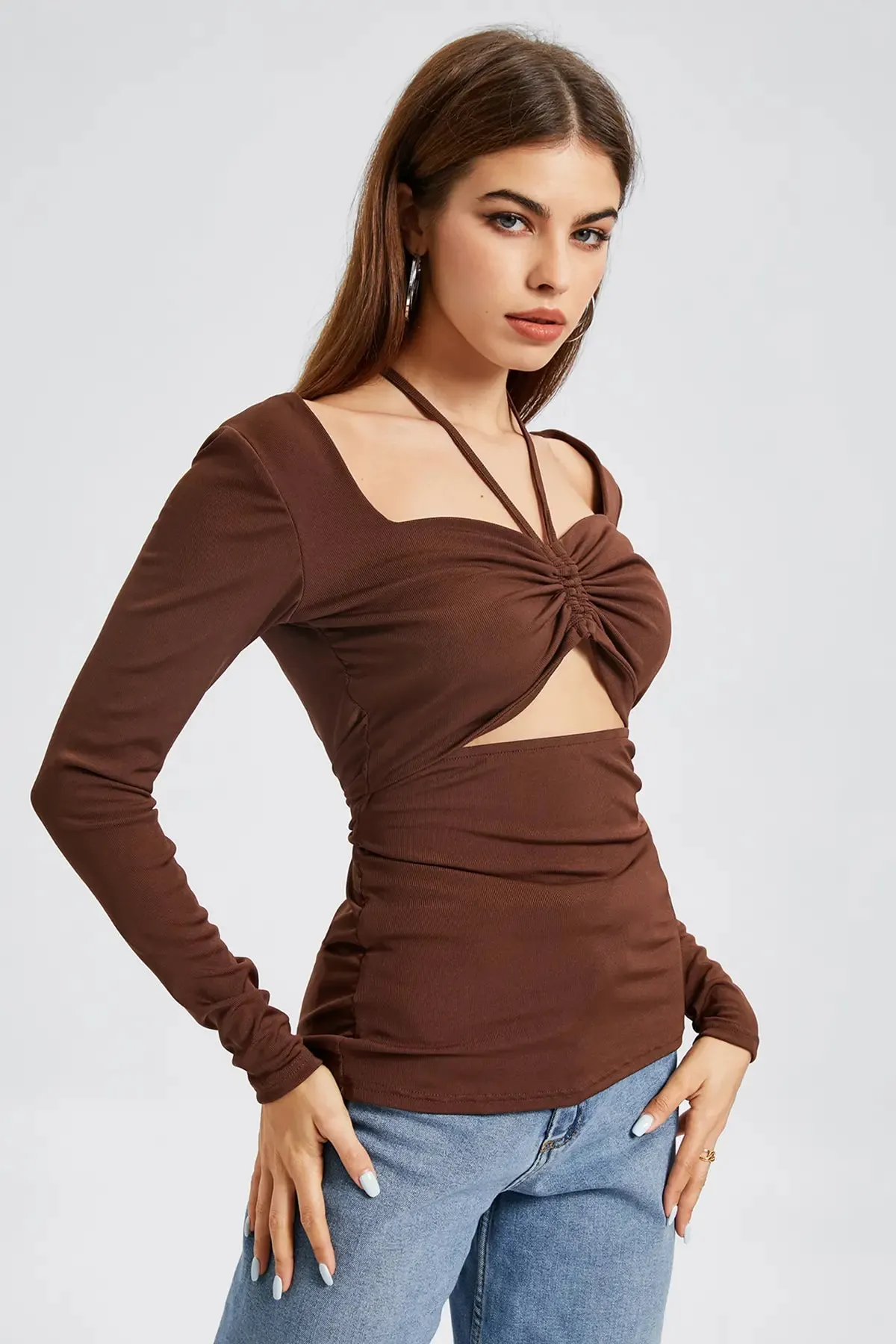 Drawstring Ruched Cut Out Tie Back Top