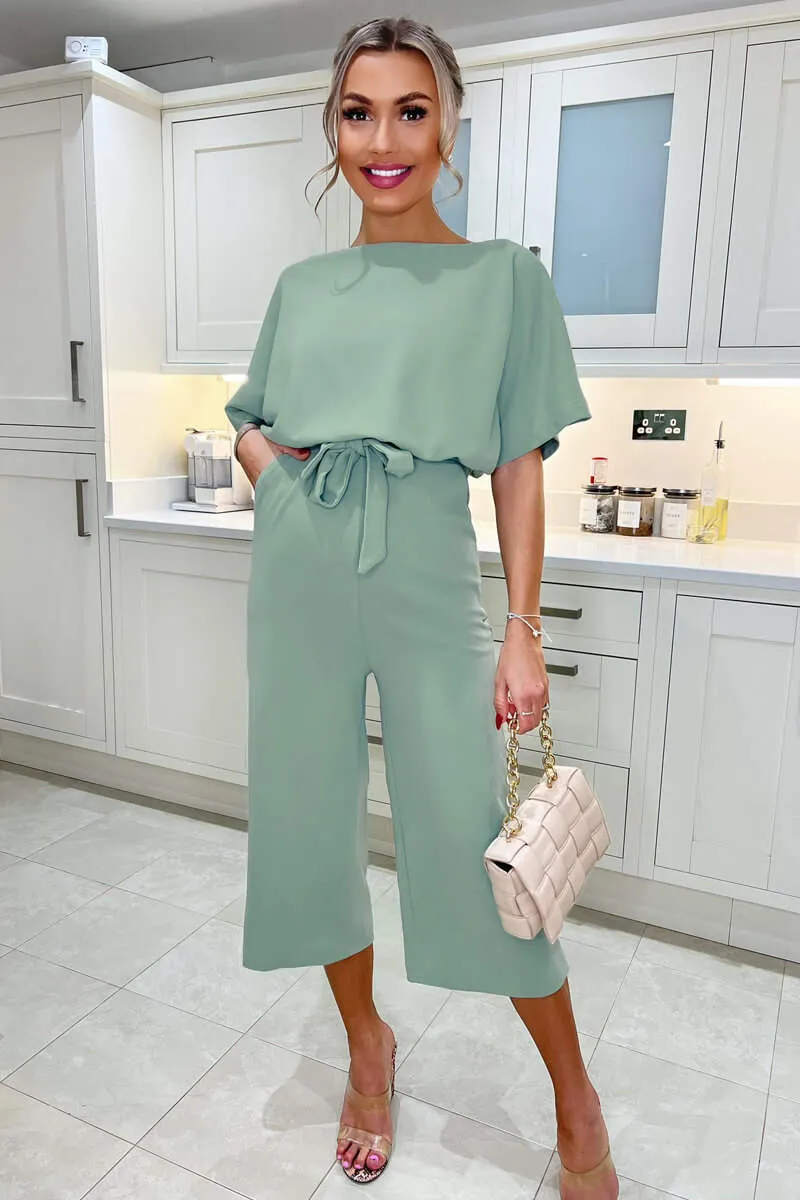 Duck Egg Tie Waist Short Sleeve Culotte Jumpsuit