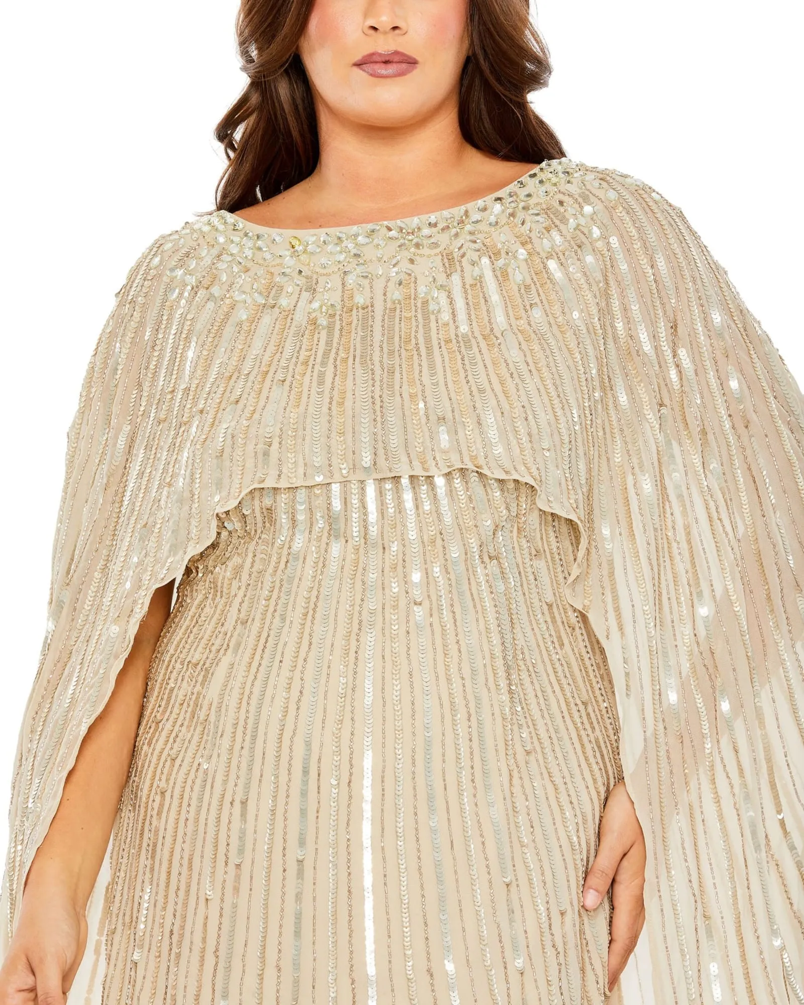 Embellished Column Cape Gown | Champagne