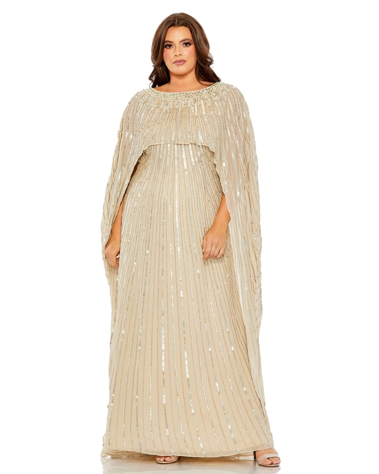 Embellished Column Cape Gown | Champagne