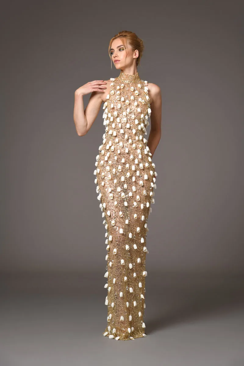 Embellished gold halter neck dress adorned with dangling cocoons paired with a Duchesse satin cape