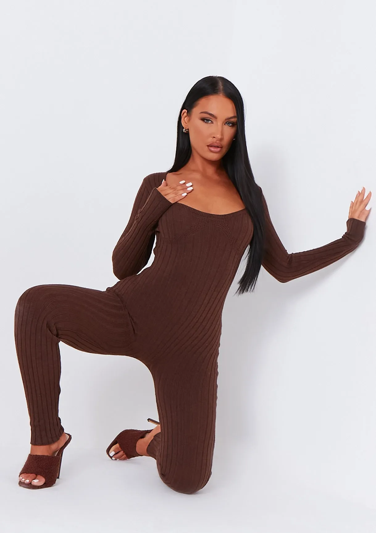 Evie Chocolate Knitted Long Sleeve Ribbed Jumpsuit