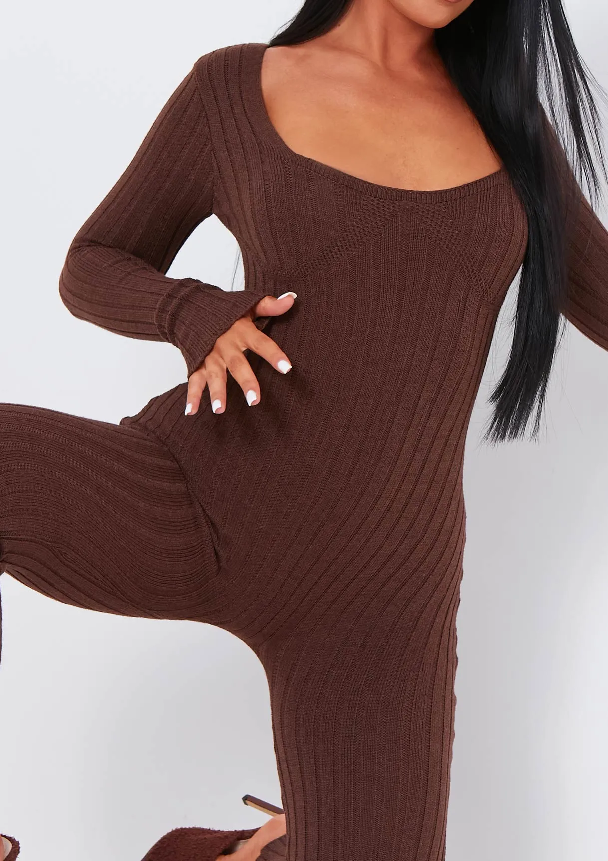 Evie Chocolate Knitted Long Sleeve Ribbed Jumpsuit