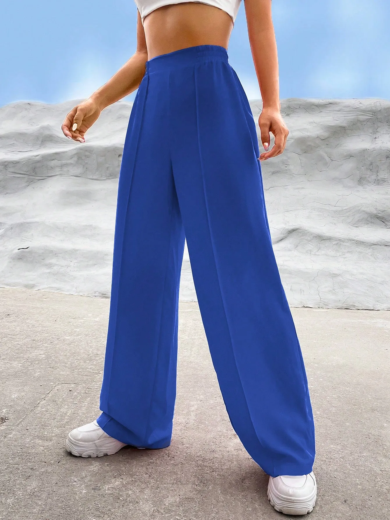 EZwear Solid High Waist Straight Leg Pants