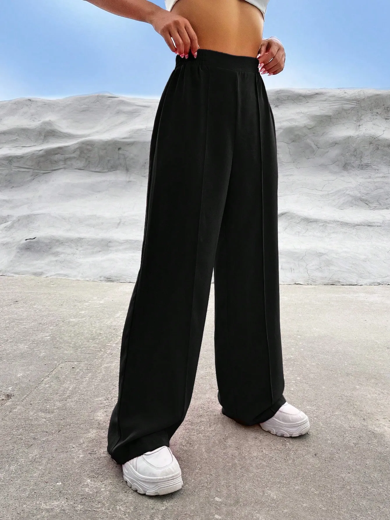 EZwear Solid High Waist Straight Leg Pants