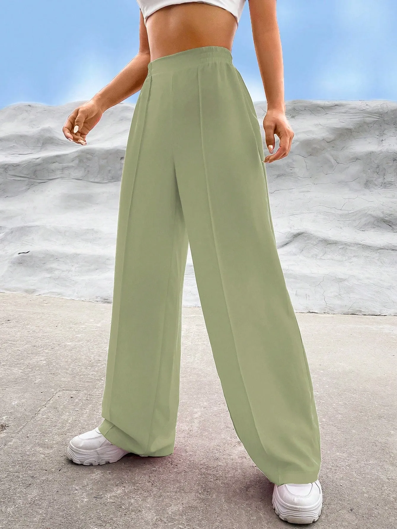 EZwear Solid High Waist Straight Leg Pants