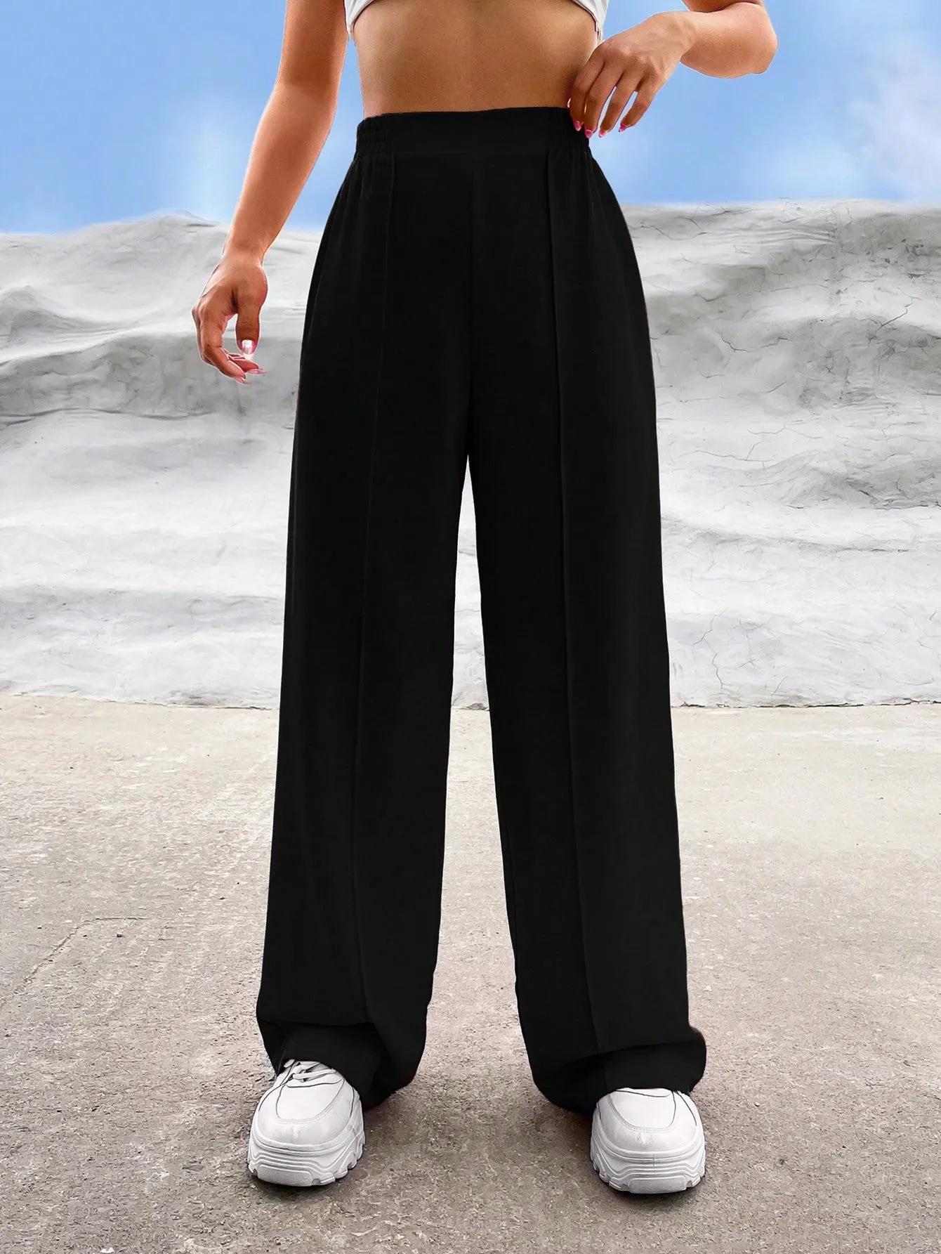 EZwear Solid High Waist Straight Leg Pants