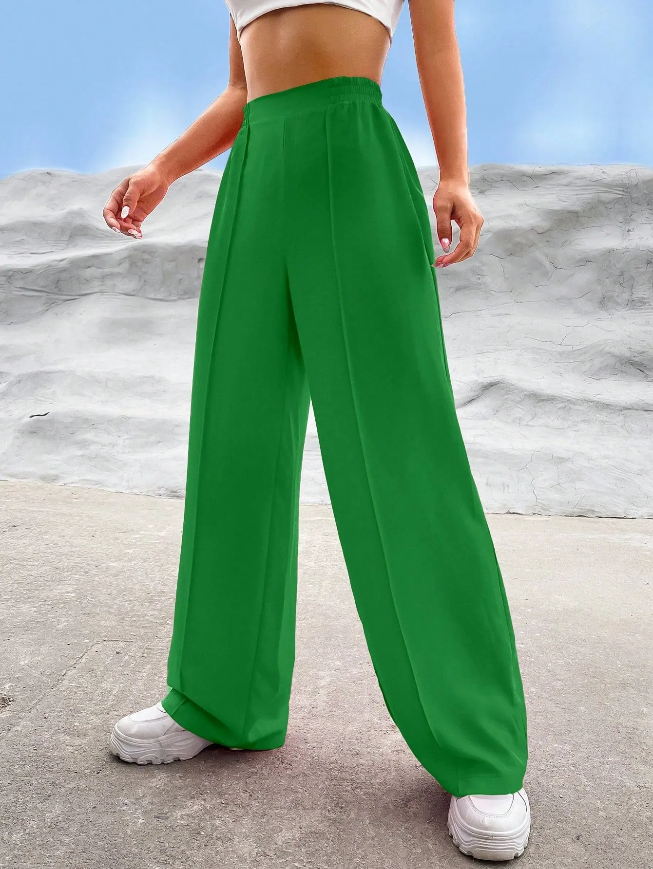 EZwear Solid High Waist Straight Leg Pants