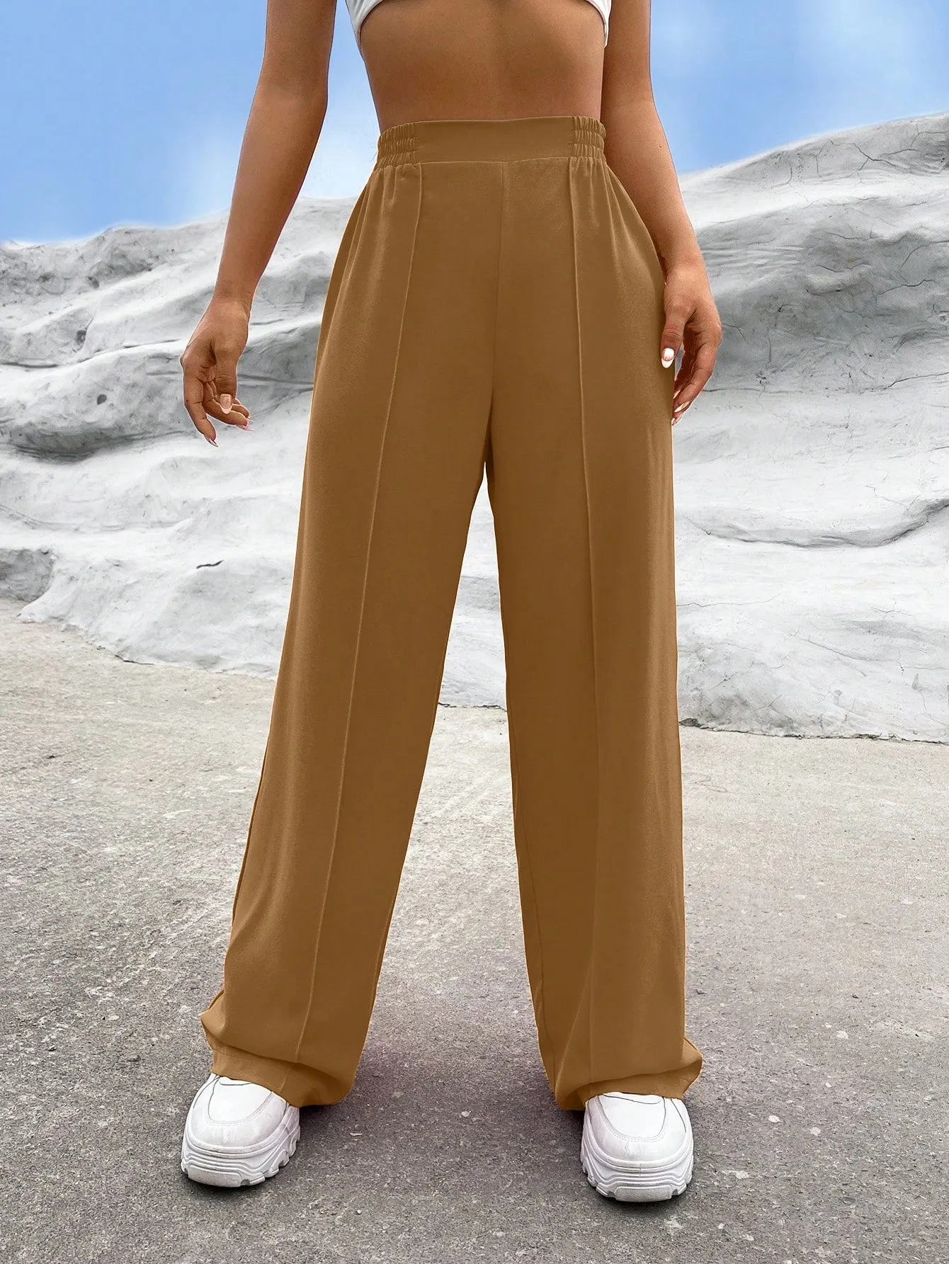 EZwear Solid High Waist Straight Leg Pants