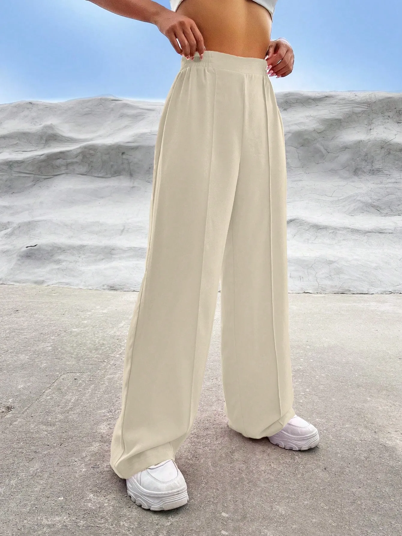 EZwear Solid High Waist Straight Leg Pants