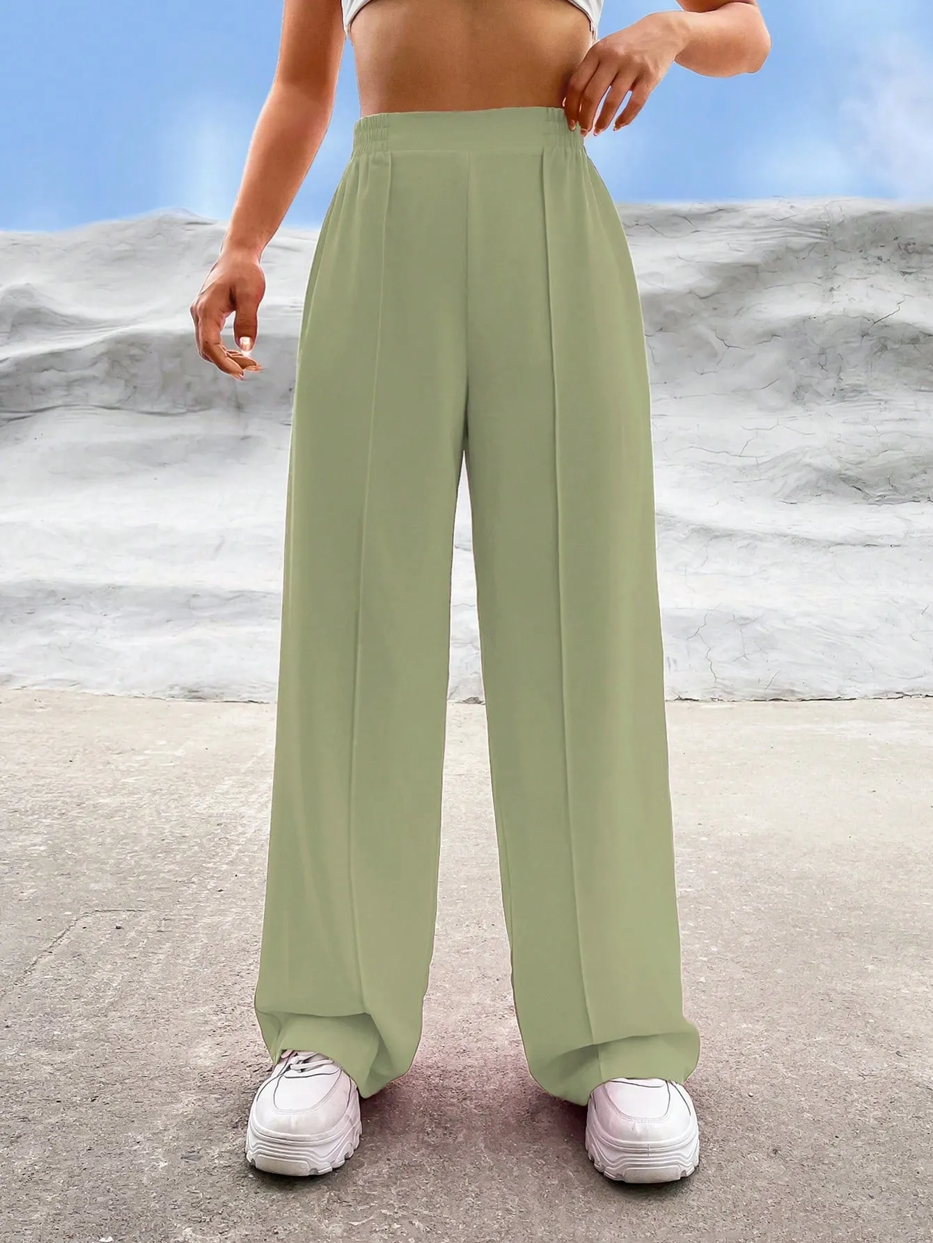 EZwear Solid High Waist Straight Leg Pants