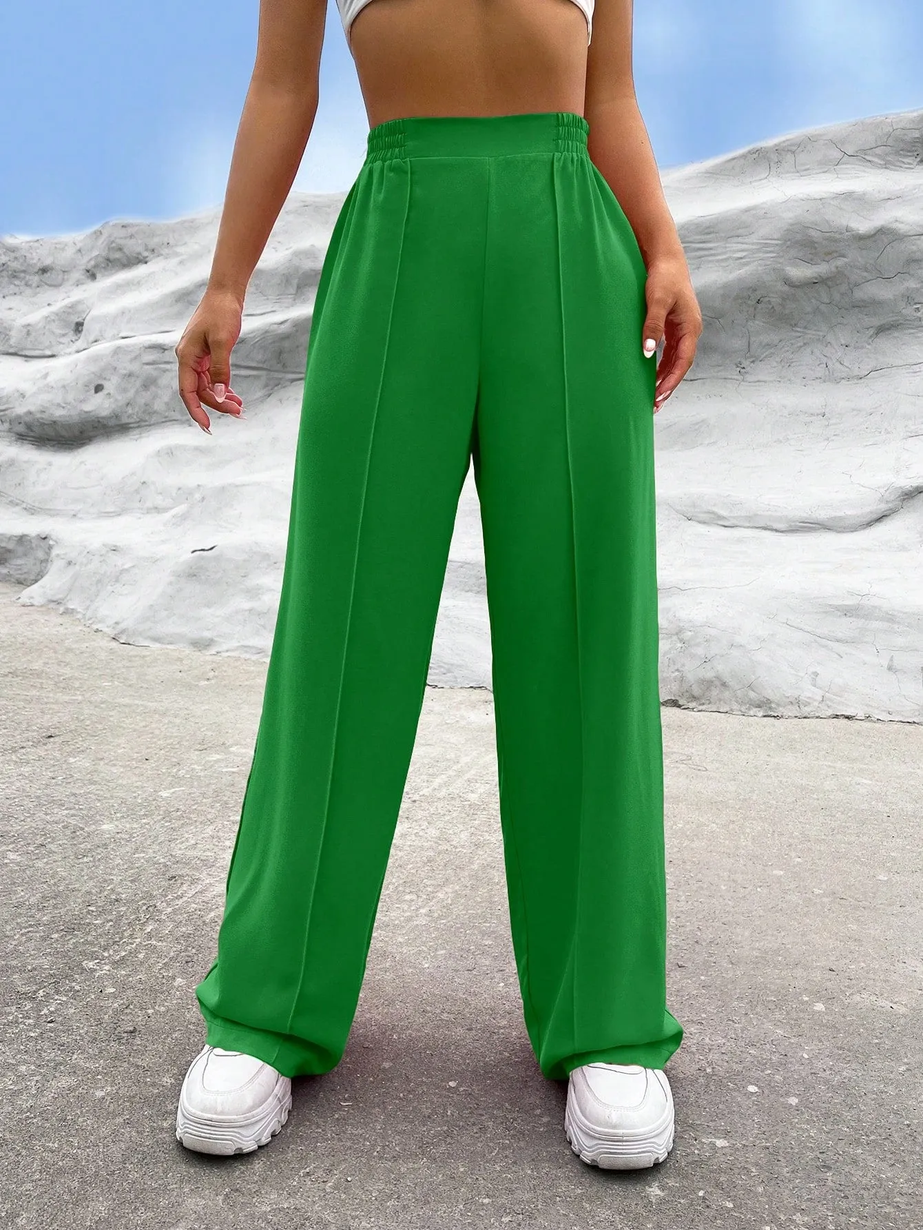 EZwear Solid High Waist Straight Leg Pants