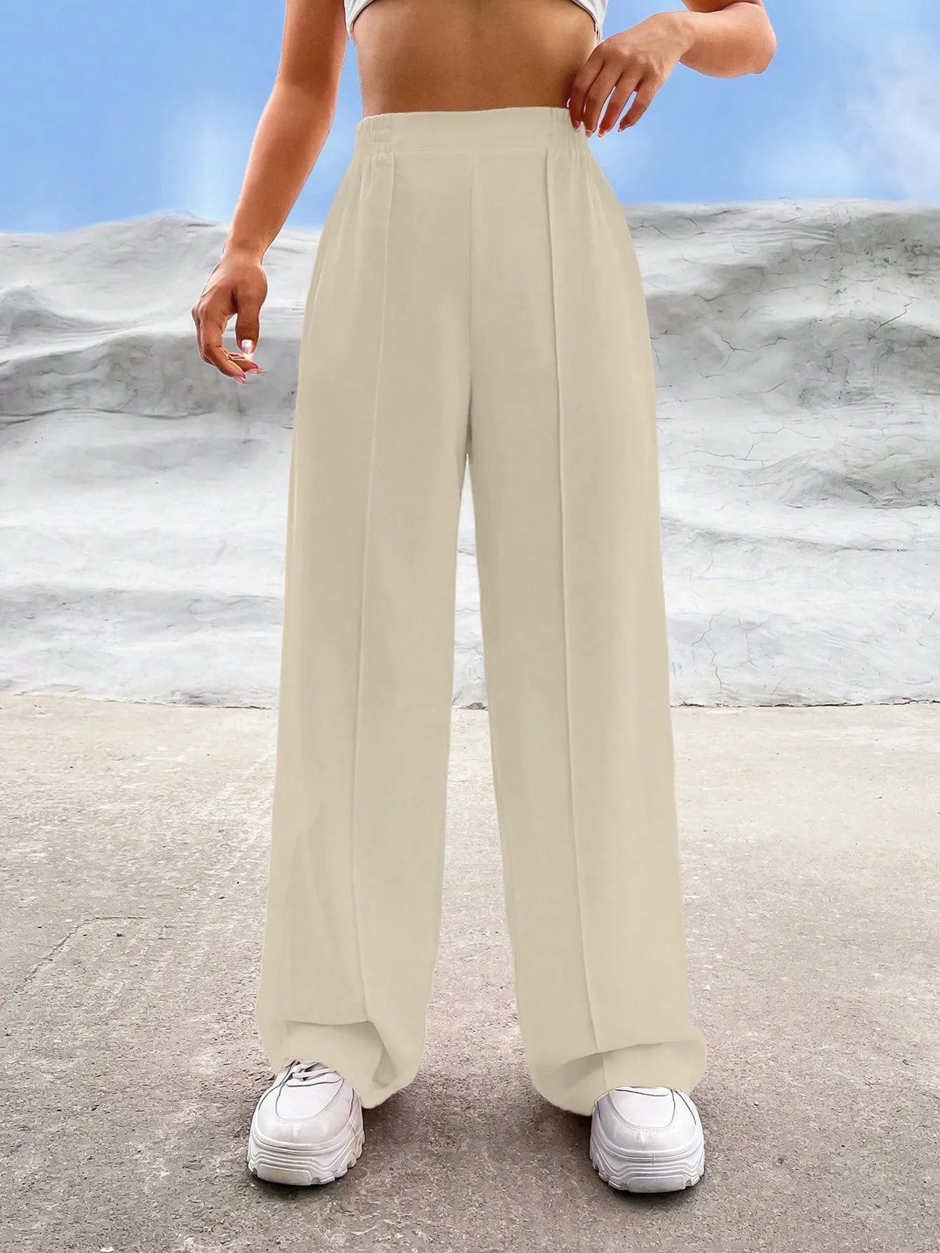 EZwear Solid High Waist Straight Leg Pants