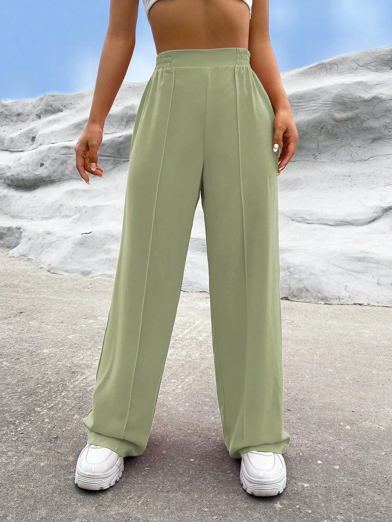 EZwear Solid High Waist Straight Leg Pants