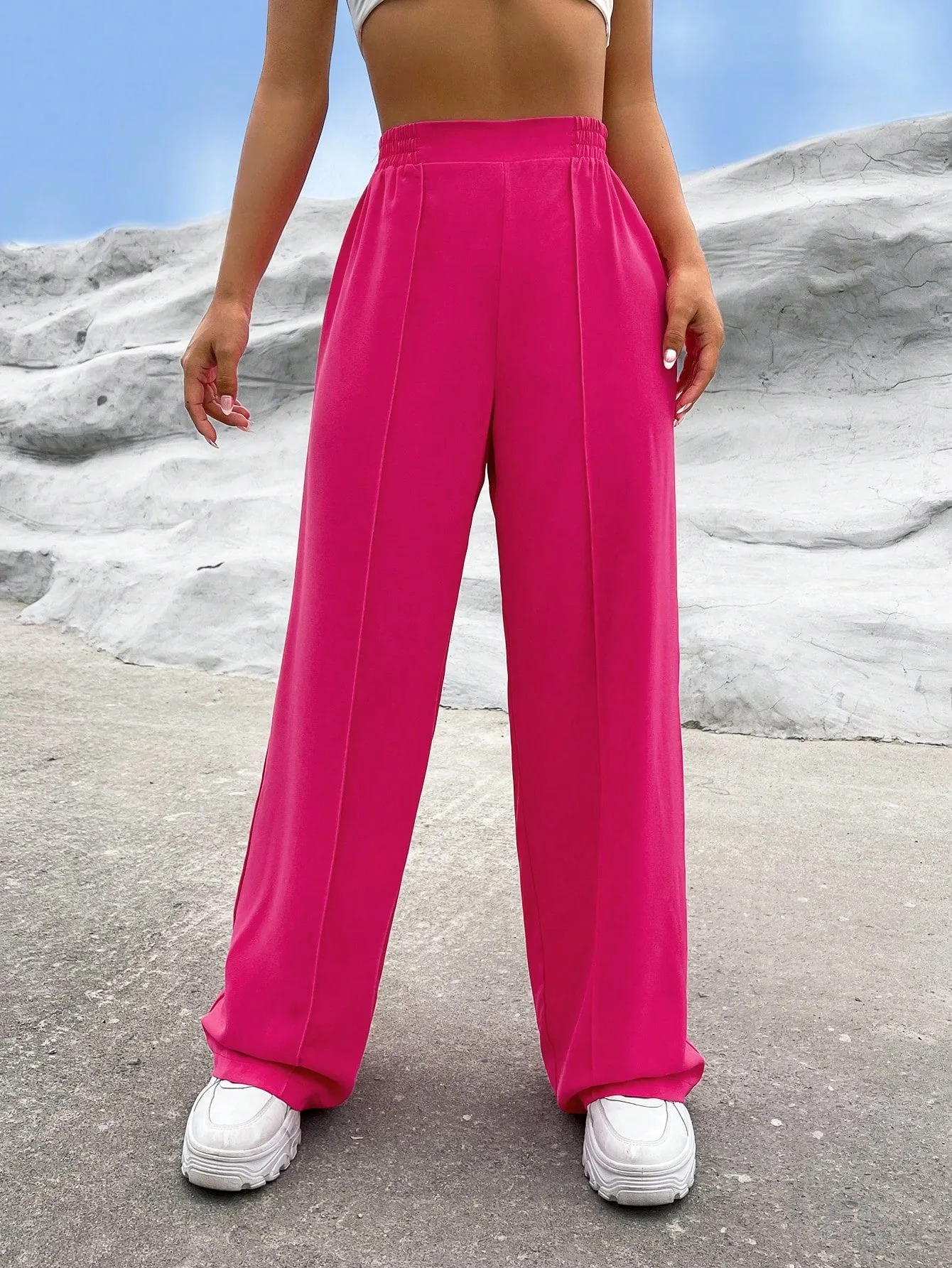 EZwear Solid High Waist Straight Leg Pants