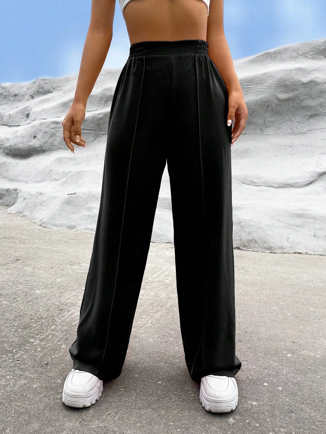 EZwear Solid High Waist Straight Leg Pants