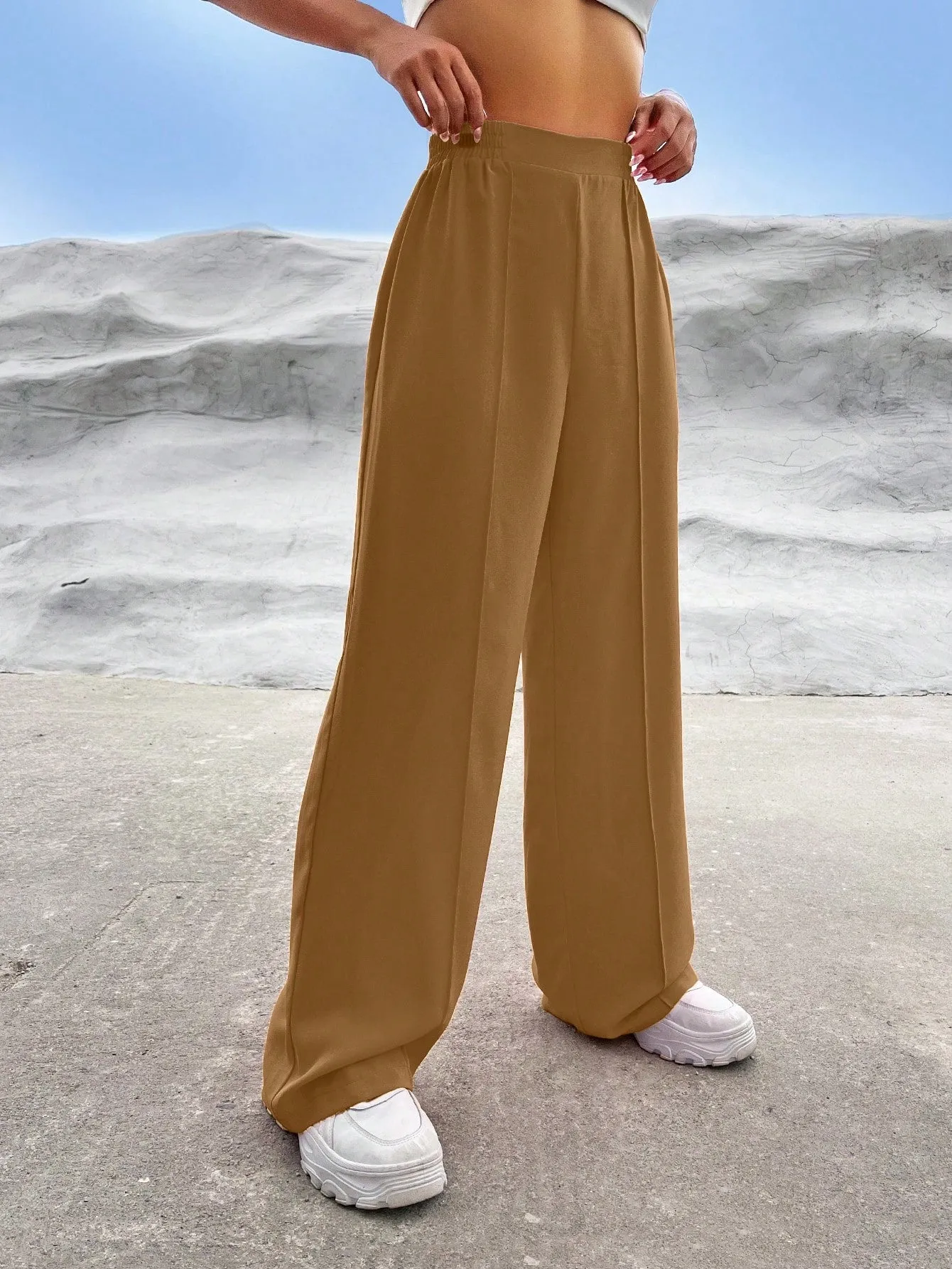 EZwear Solid High Waist Straight Leg Pants