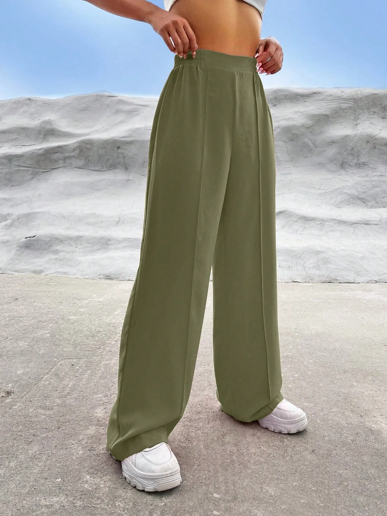 EZwear Solid High Waist Straight Leg Pants