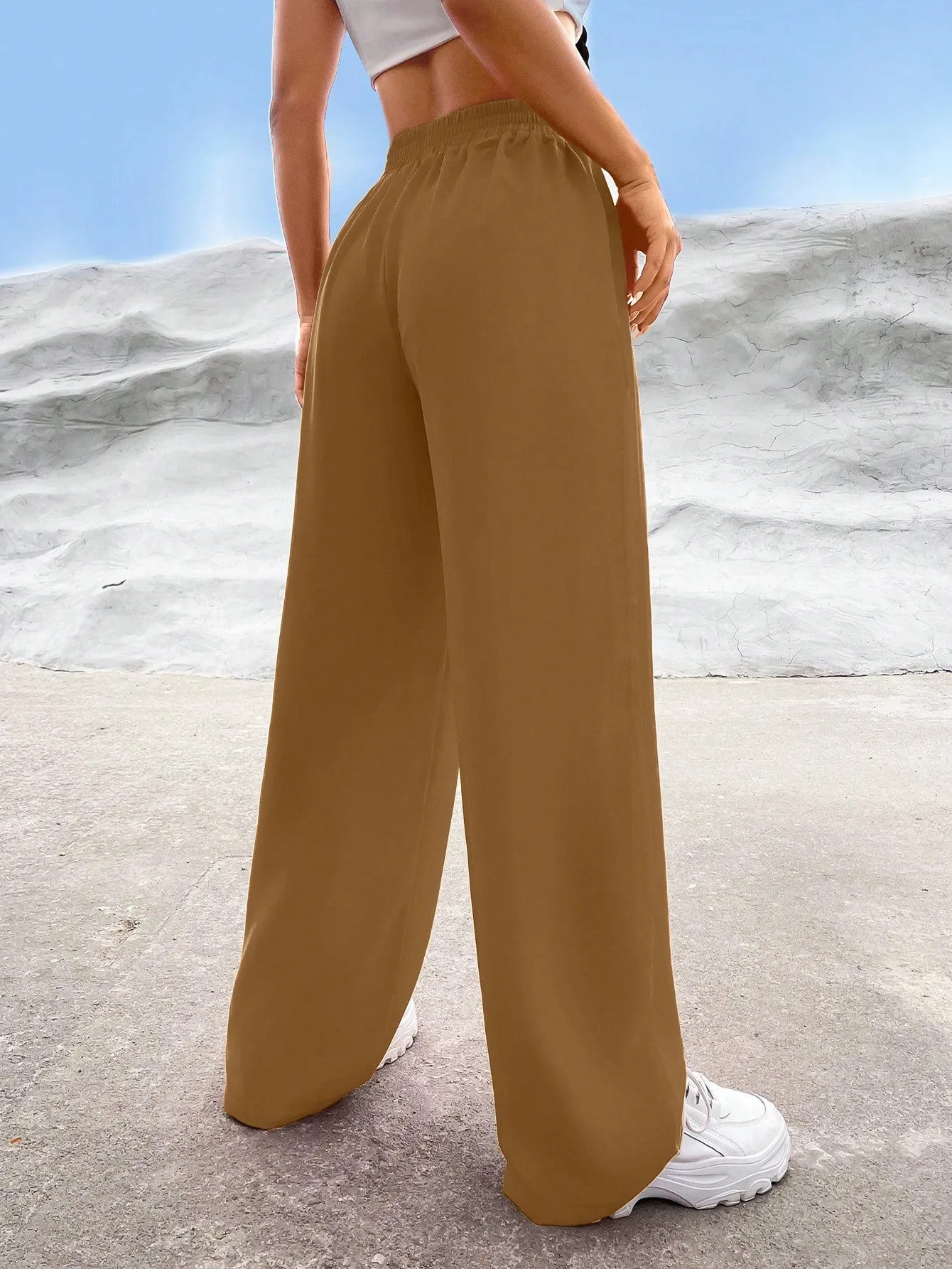 EZwear Solid High Waist Straight Leg Pants