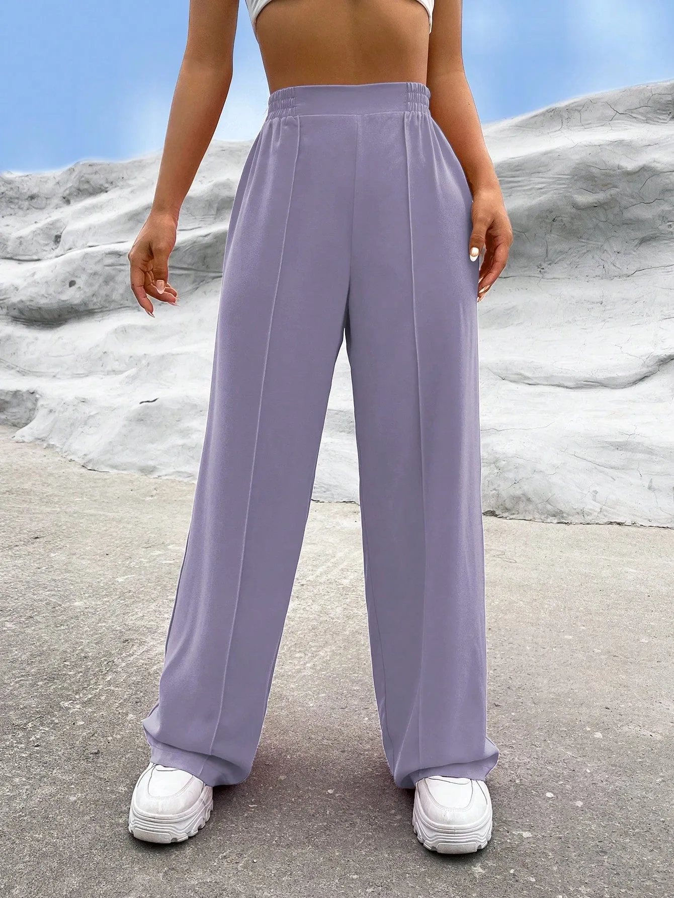 EZwear Solid High Waist Straight Leg Pants