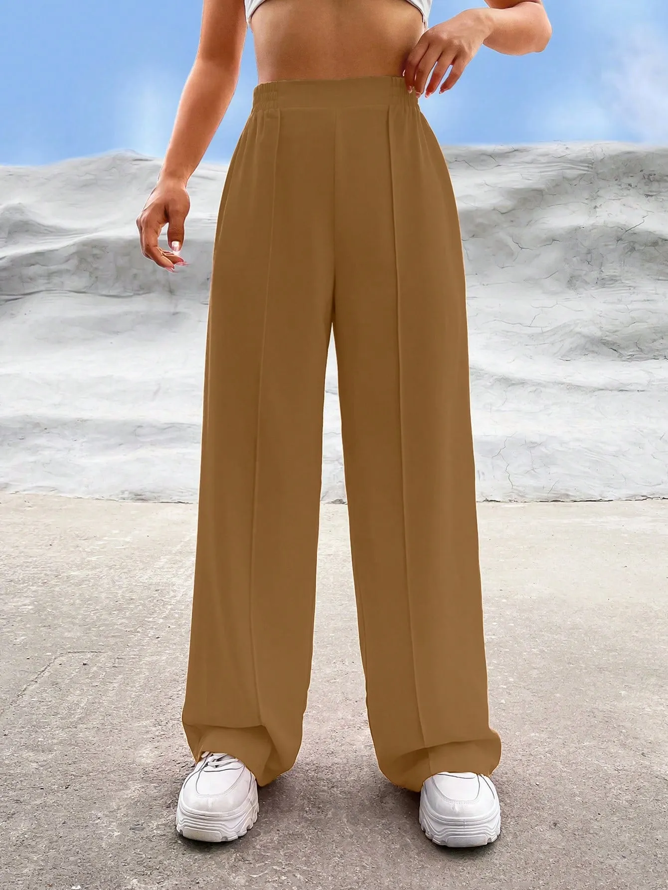 EZwear Solid High Waist Straight Leg Pants