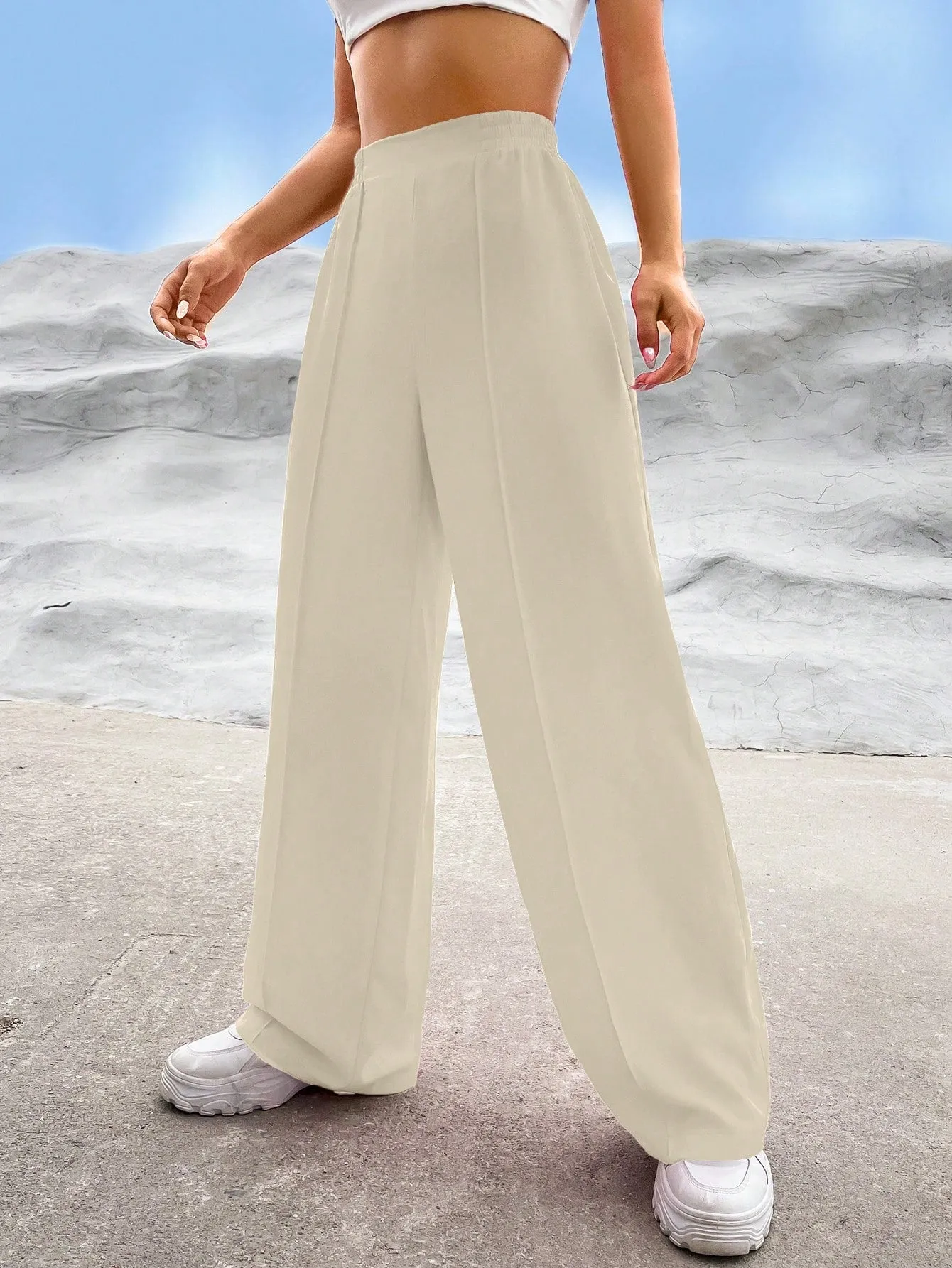 EZwear Solid High Waist Straight Leg Pants