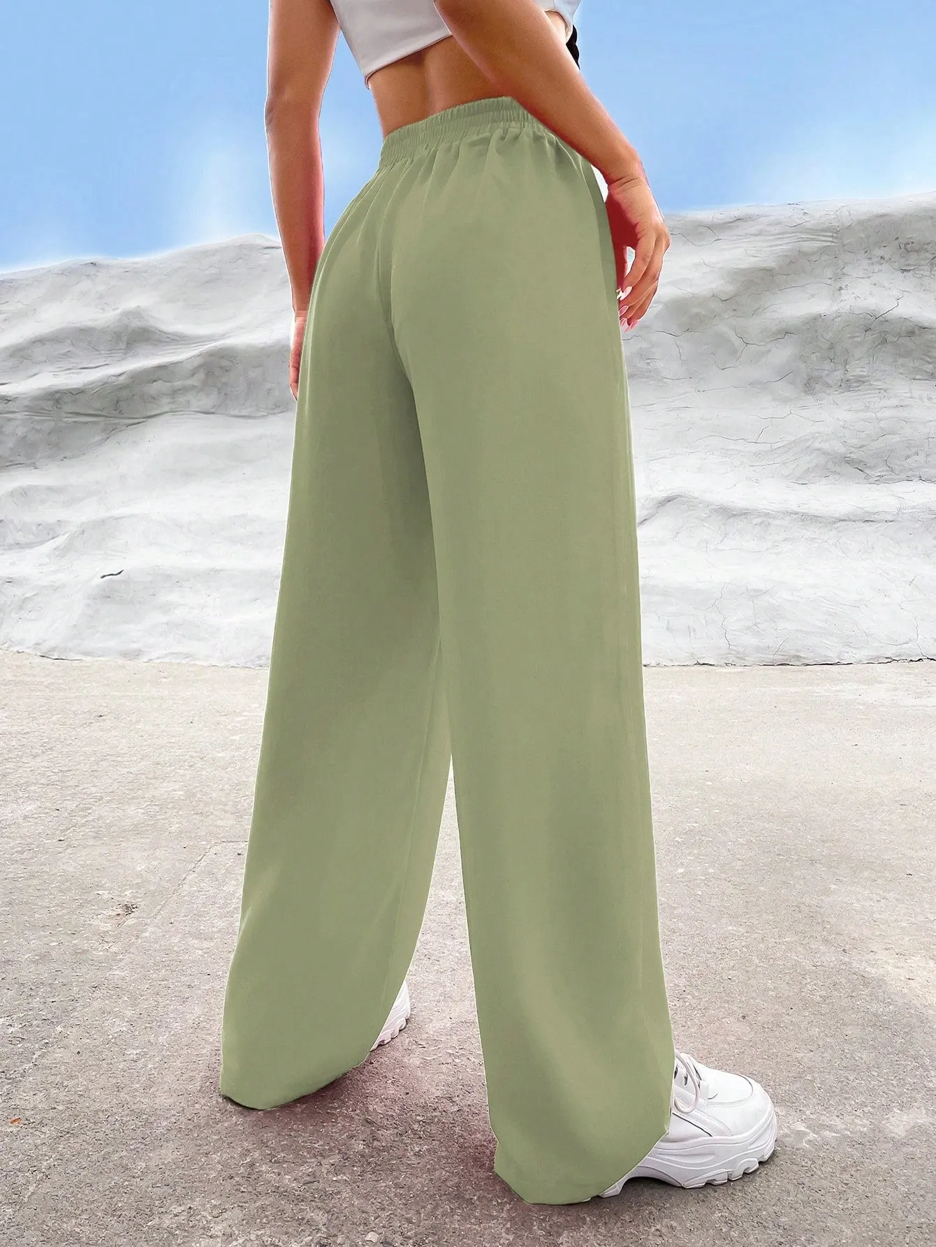 EZwear Solid High Waist Straight Leg Pants