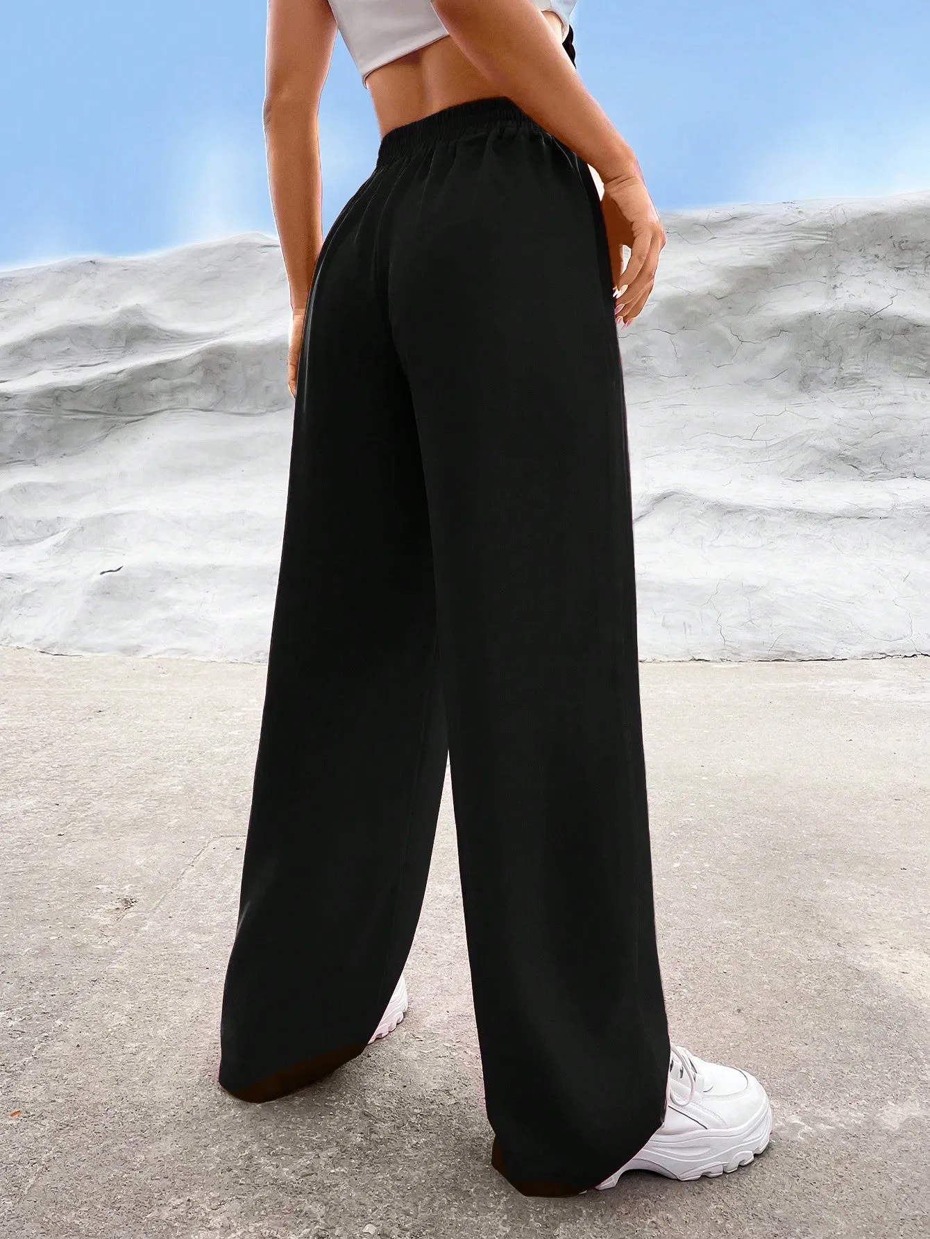 EZwear Solid High Waist Straight Leg Pants