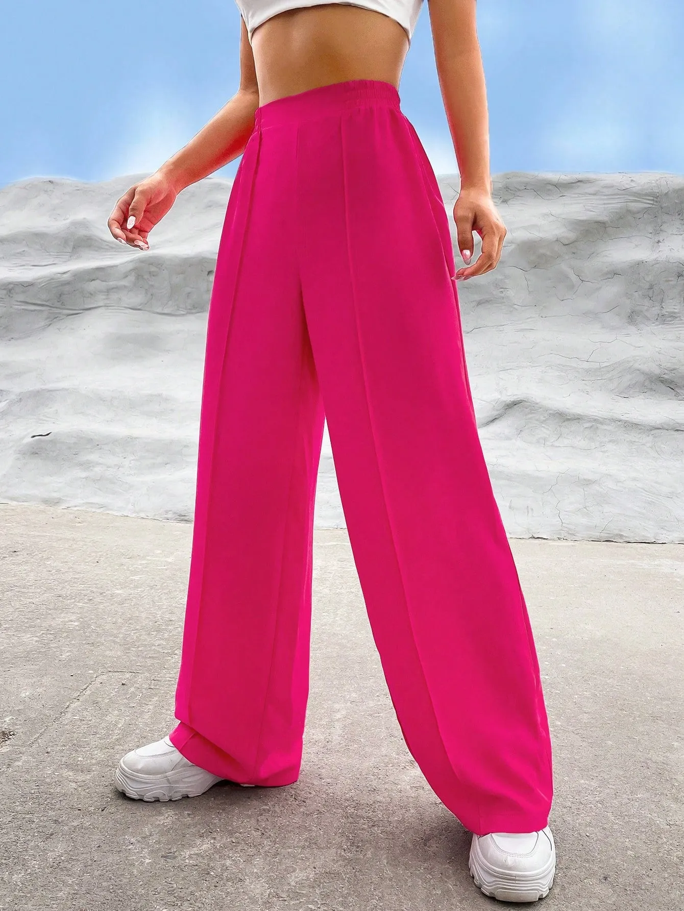 EZwear Solid High Waist Straight Leg Pants