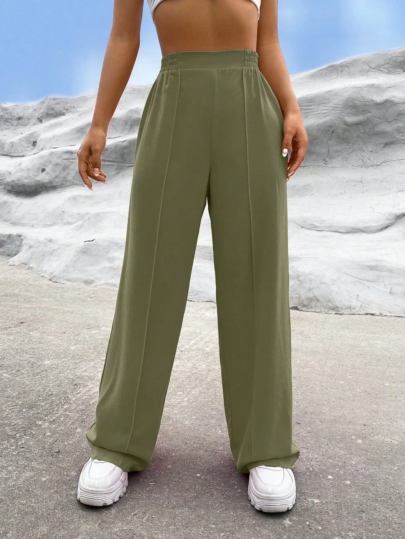 EZwear Solid High Waist Straight Leg Pants