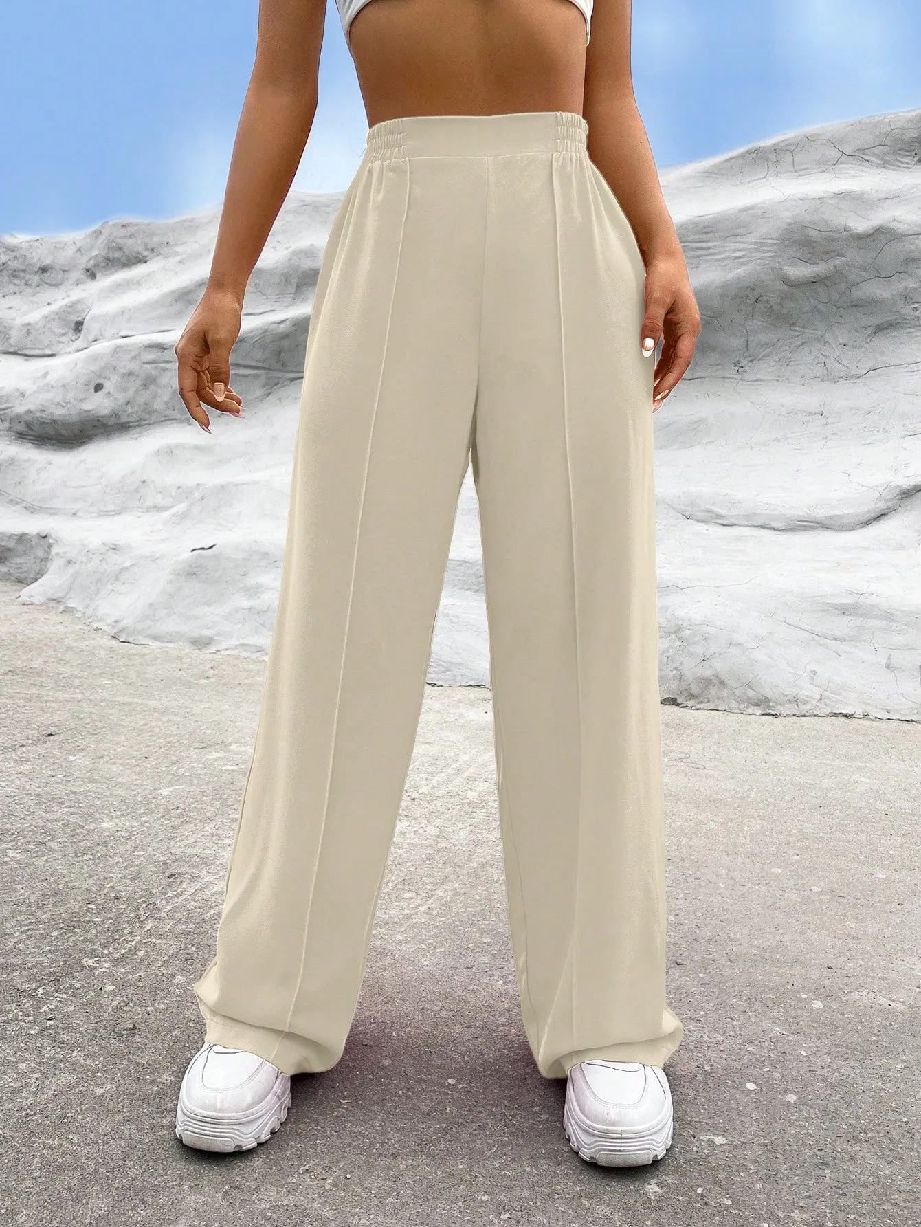 EZwear Solid High Waist Straight Leg Pants