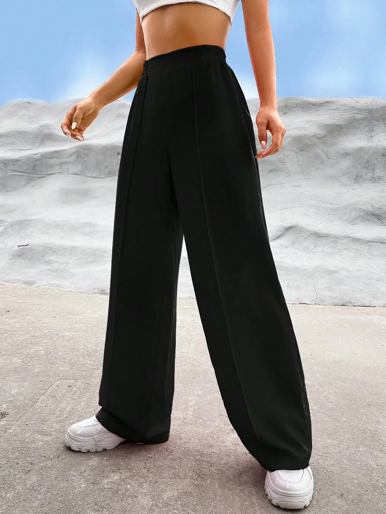 EZwear Solid High Waist Straight Leg Pants