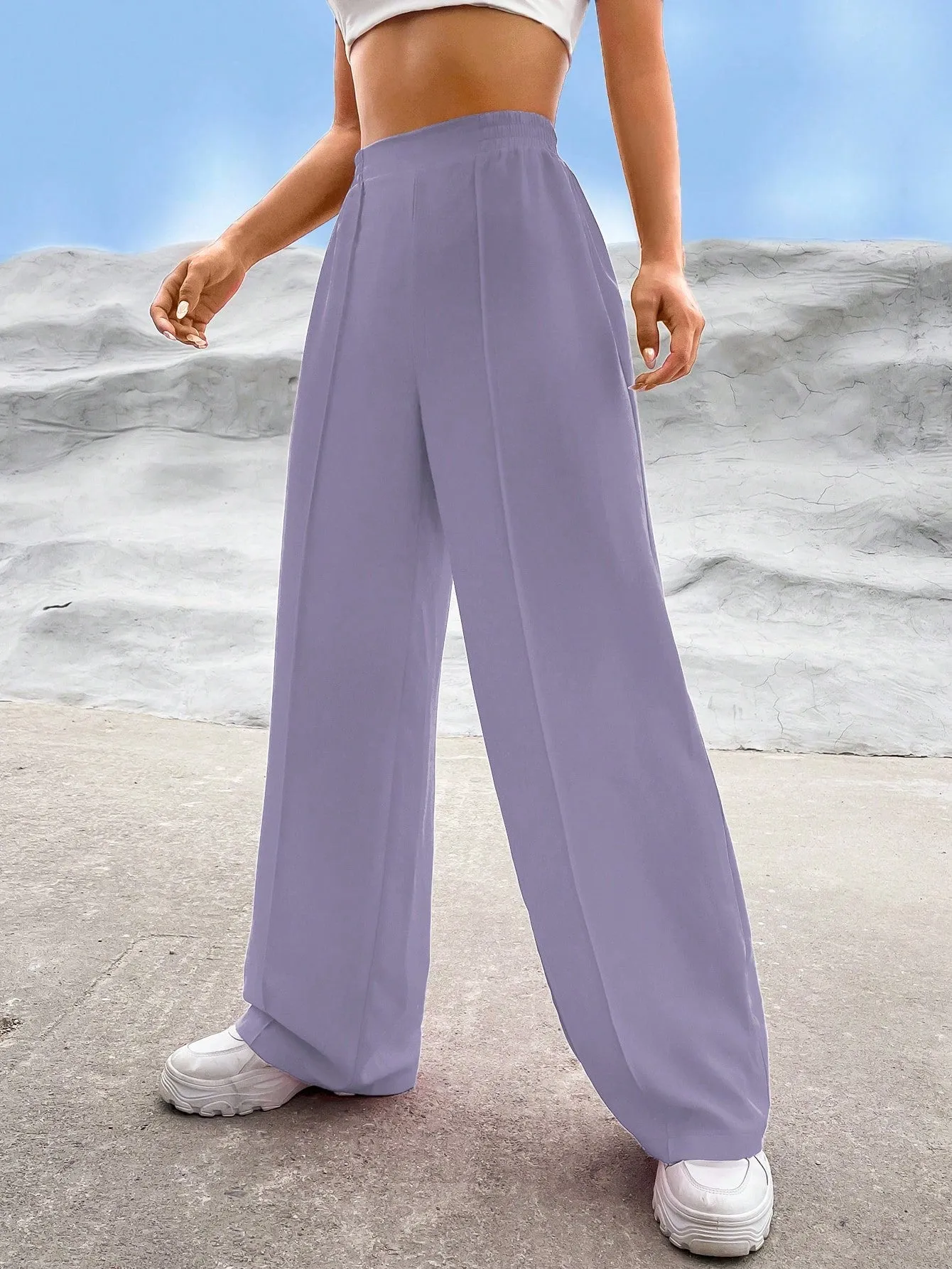 EZwear Solid High Waist Straight Leg Pants