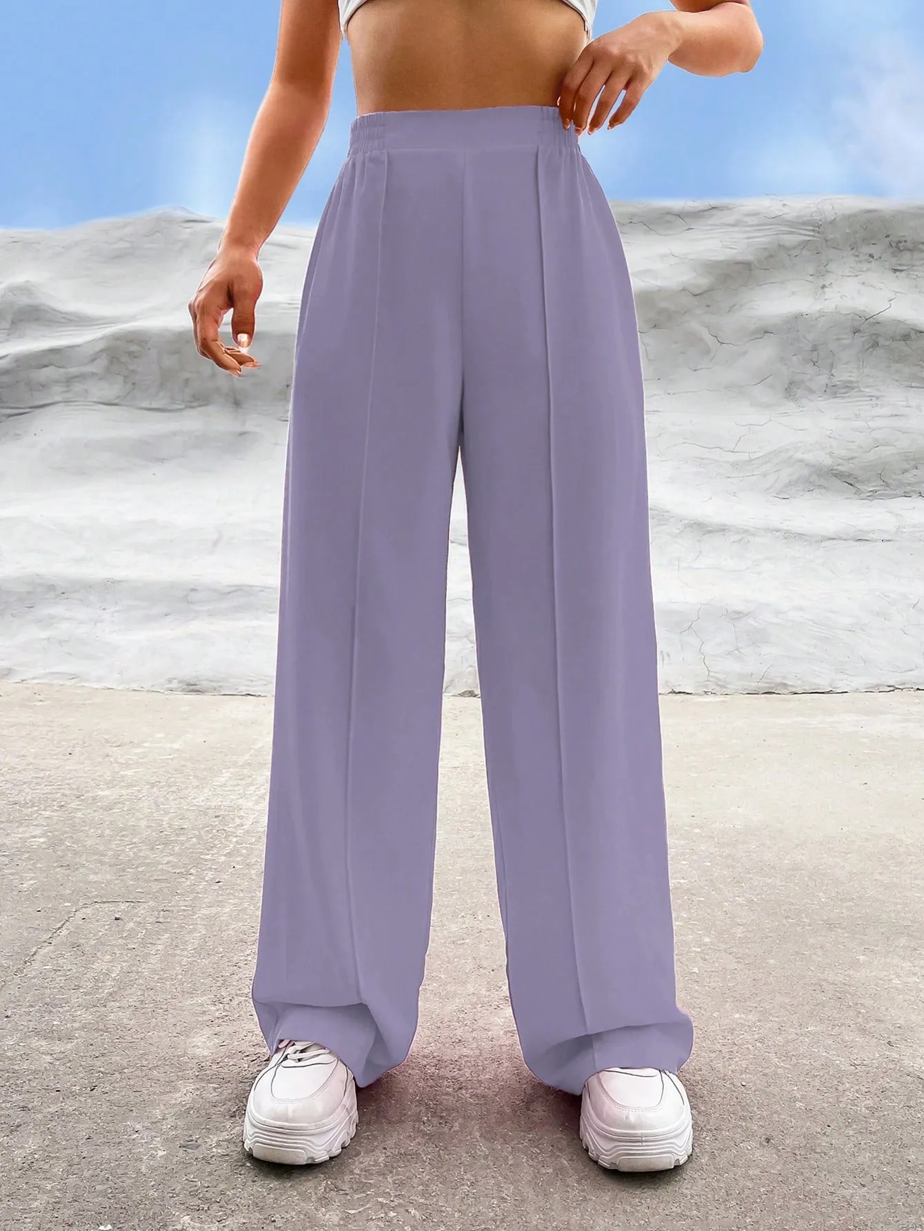 EZwear Solid High Waist Straight Leg Pants