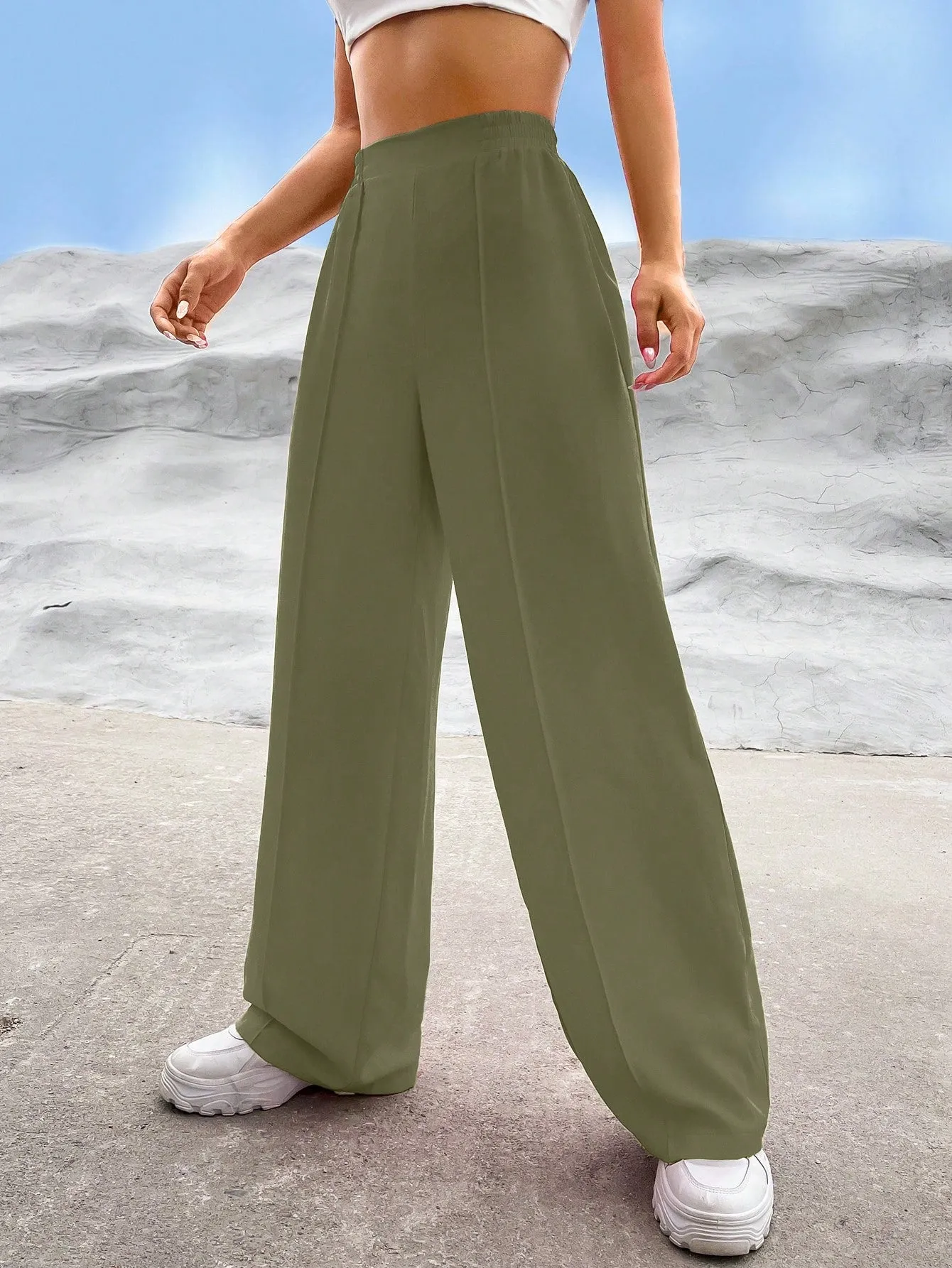 EZwear Solid High Waist Straight Leg Pants