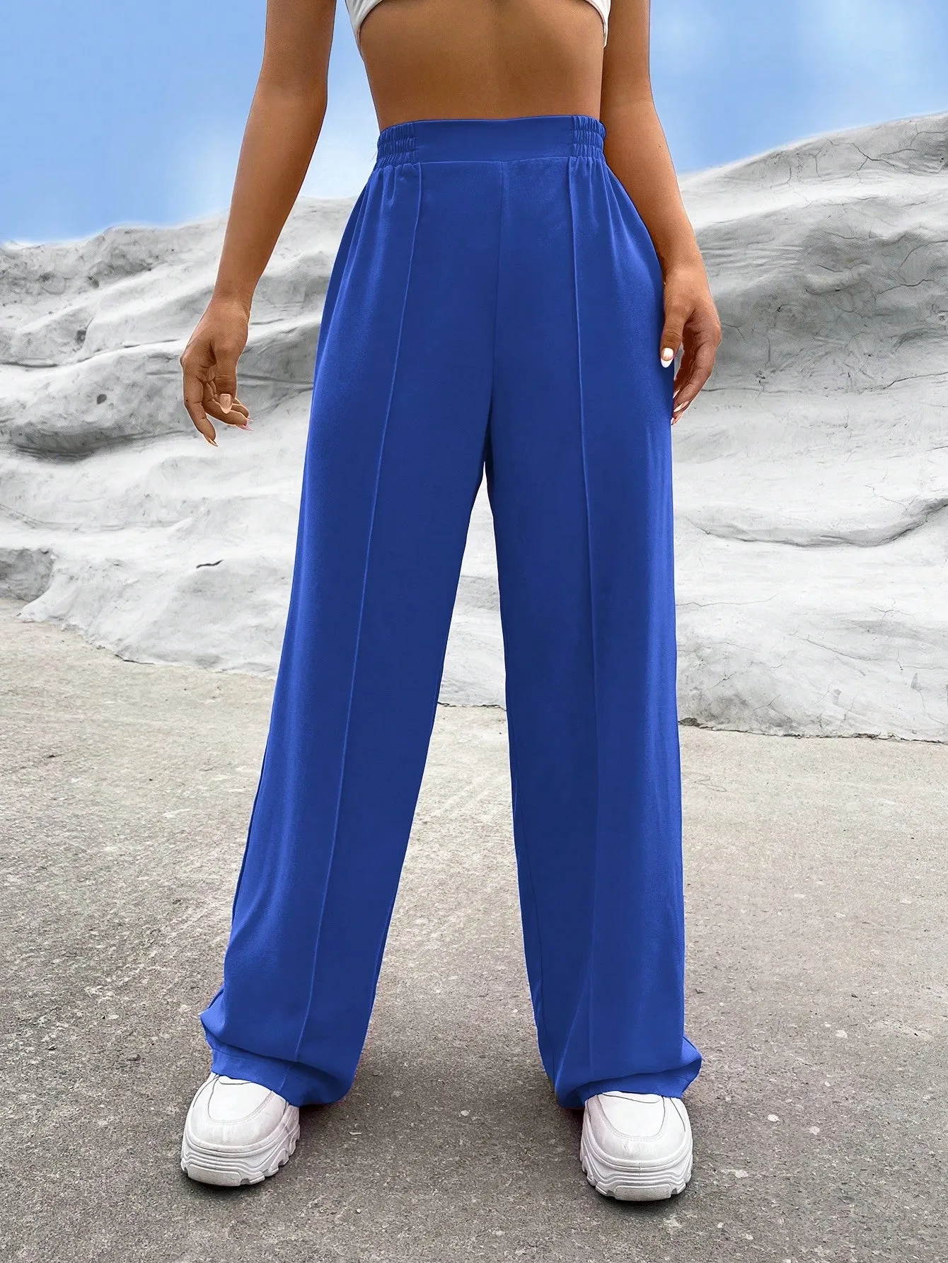 EZwear Solid High Waist Straight Leg Pants