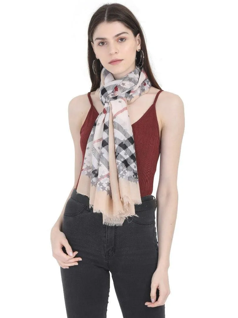 FabSeasons Cream Fancy Fashion Stylish Checkered Printed Scarves