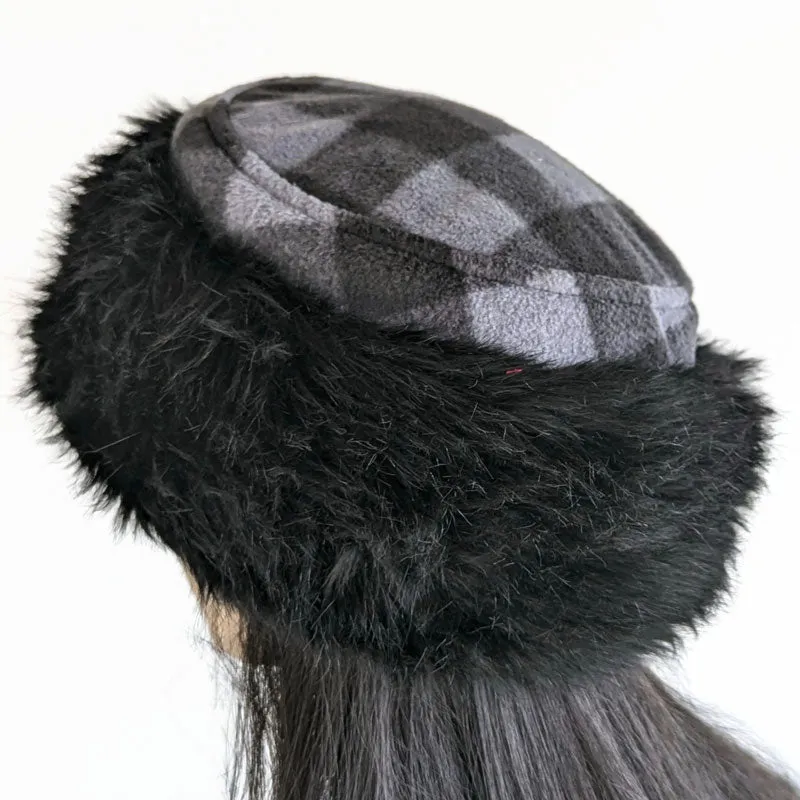 Faux Fur and Fleece Fashion Pillbox Beanie Toque Hat, black and charcoal, with earflaps